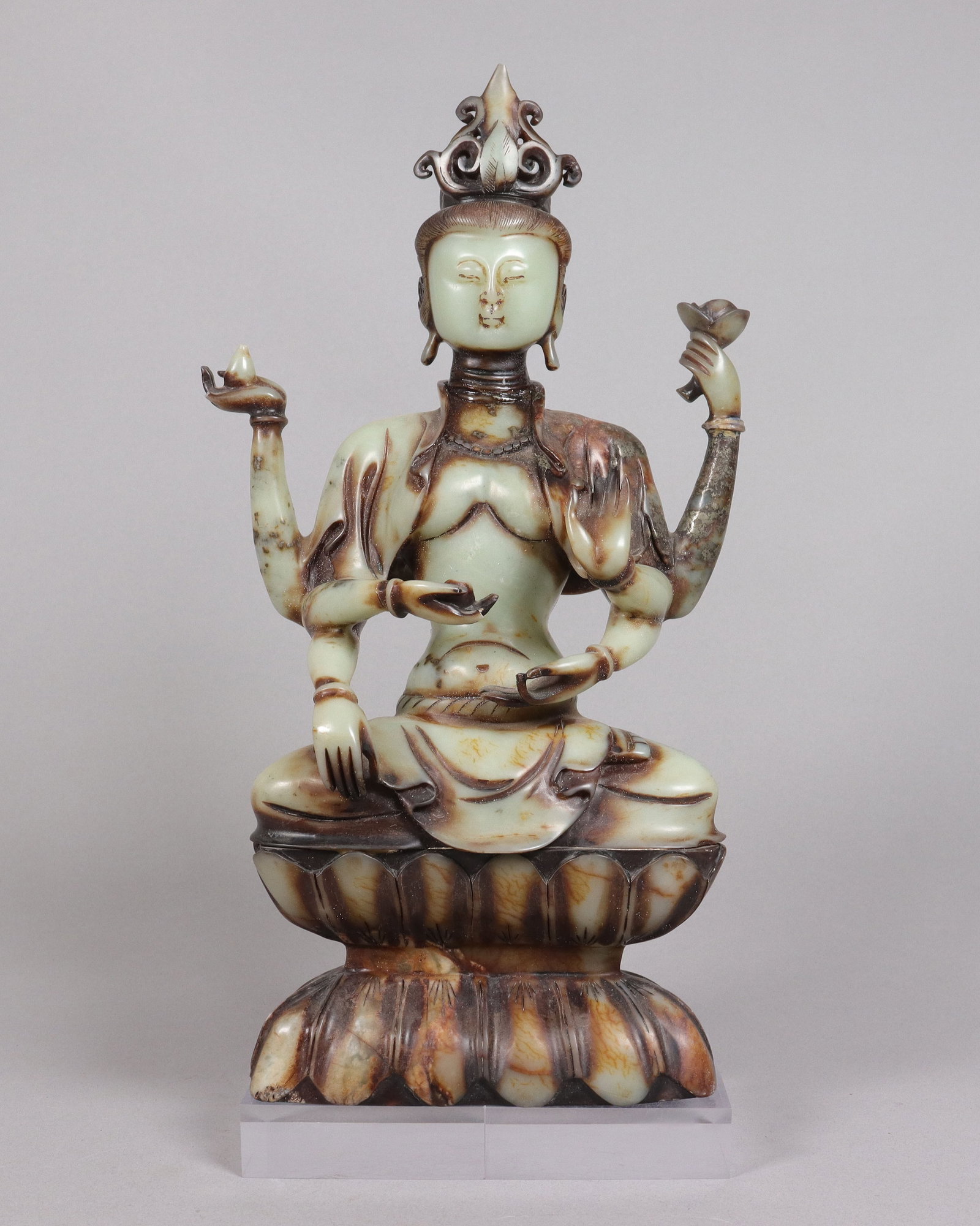 Chinese fine jade large buddha: Chinese fine jade large buddha, has loss of fingers, please refer to detail photos, all sales are final. No return. H: 13.5" x W: 7.5."