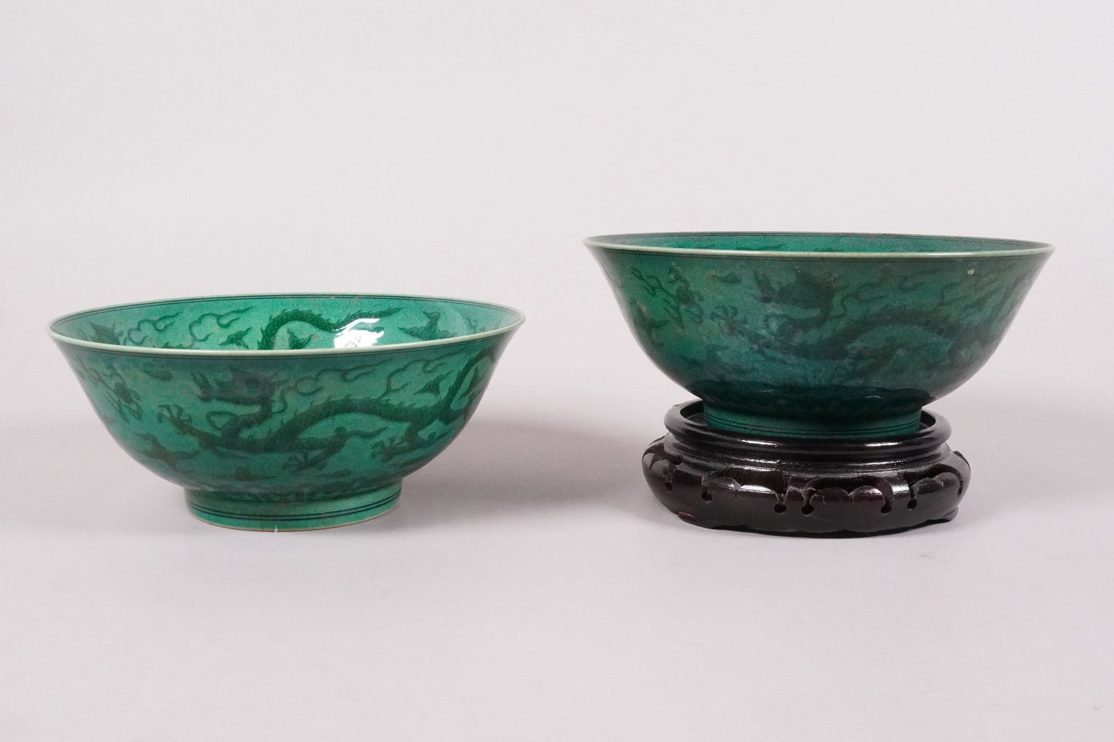 2 Chinese fine green bowls: 2 Chinese fine green bowls. H: 3" x W: 7.2."