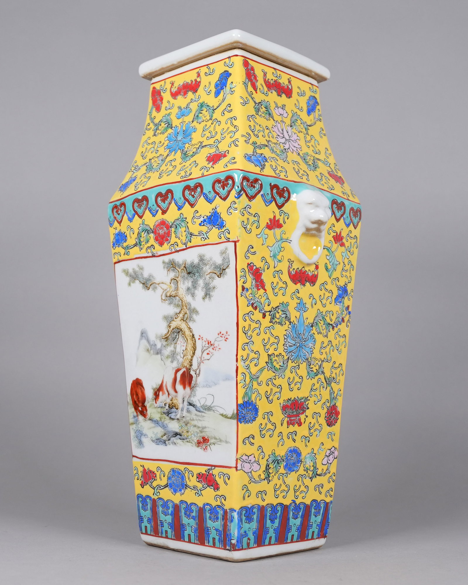 Chinese fine tall square vase: Chinese fine tall square vase. H: 17" x W: 6.5."