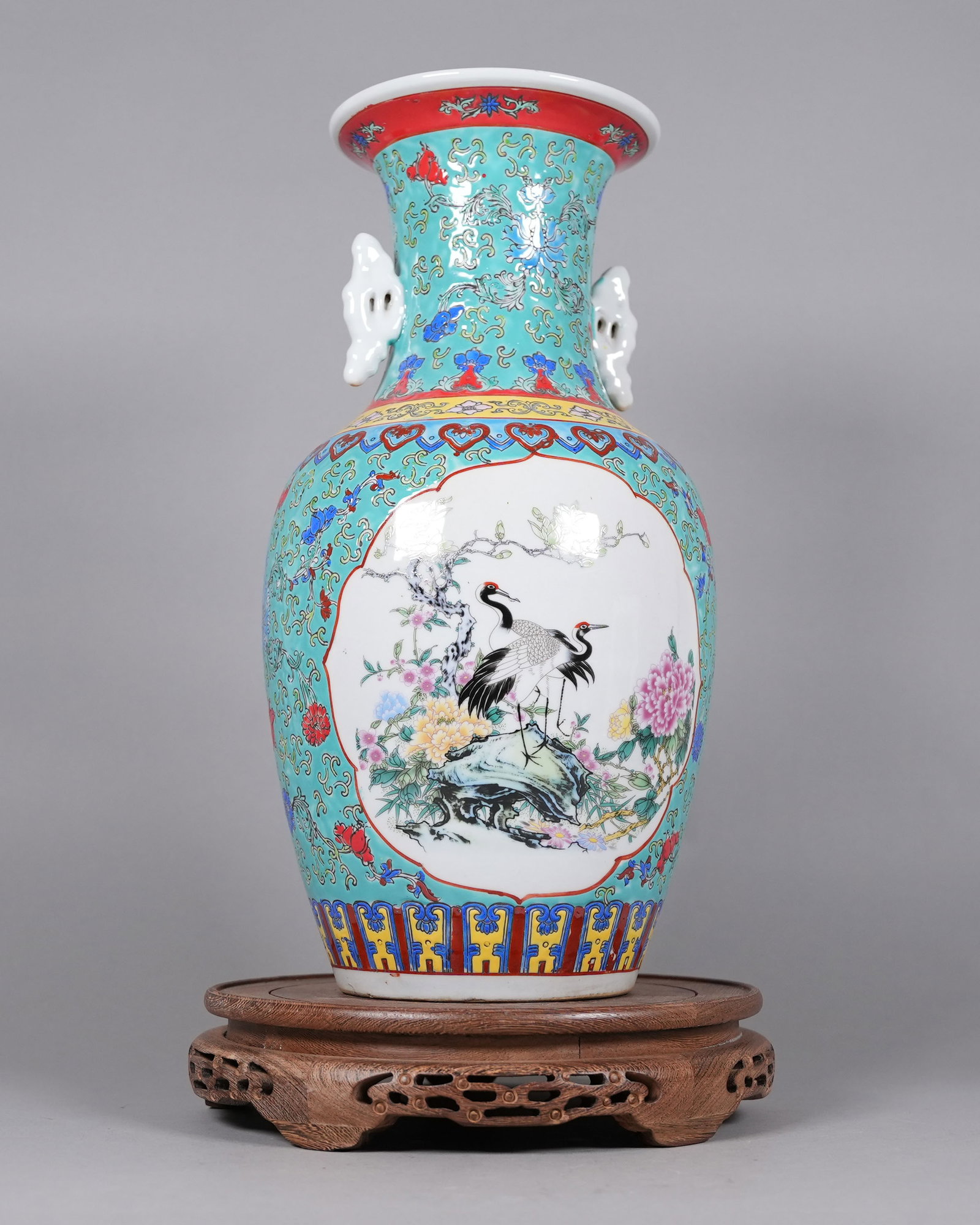 Chinese tall fancy vase: Chinese tall fancy vase. H: 16.6" x W: 9.1."