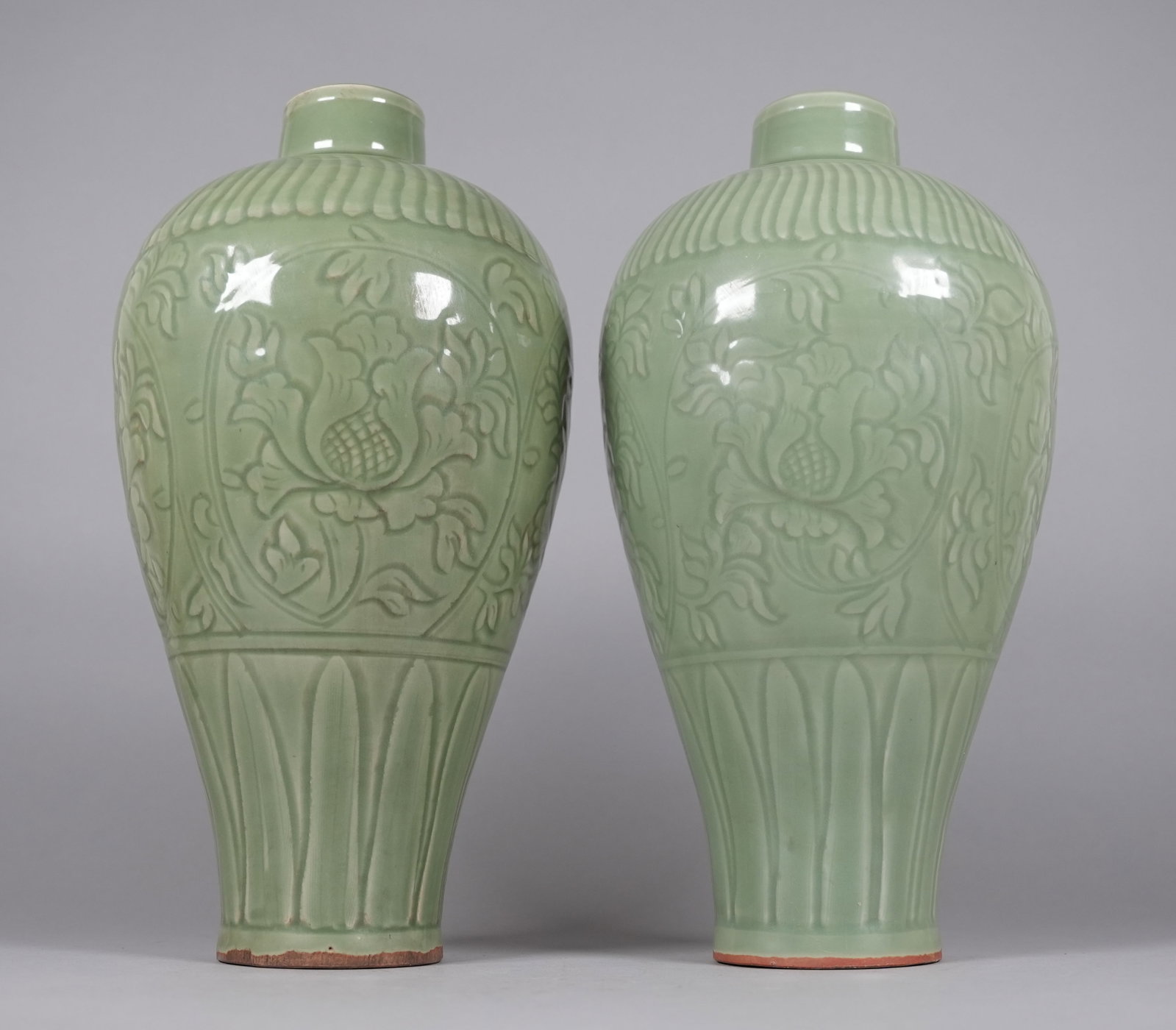 2 Chinese tall celadon vase: 2 Chinese fine celadon vase, largest H: 16.5" x W: 8.3."