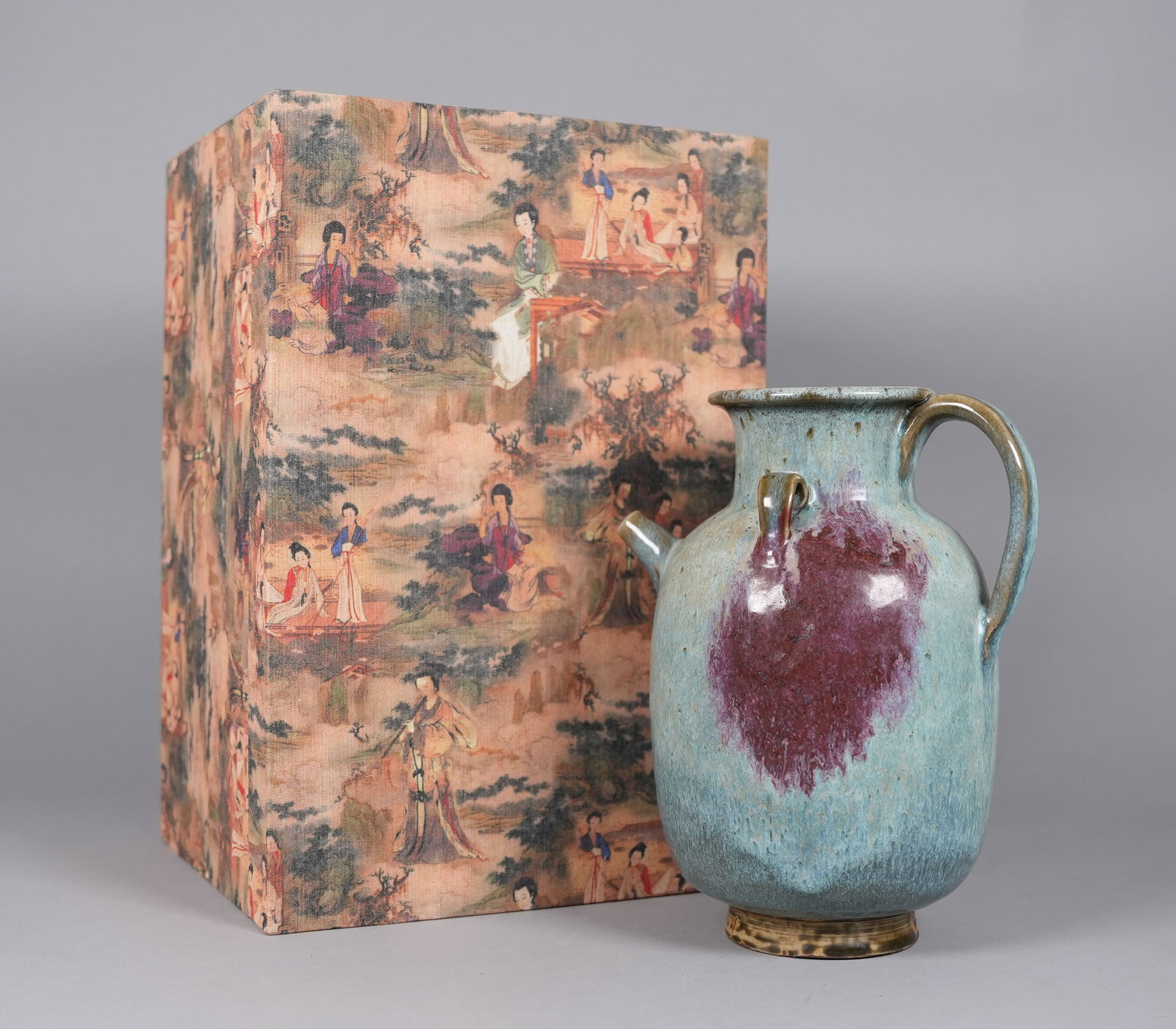 Chinese fine purple pot with silk box: Chinese fine purple pot with heavy silk box. H: 9.5" x W: 7.5."