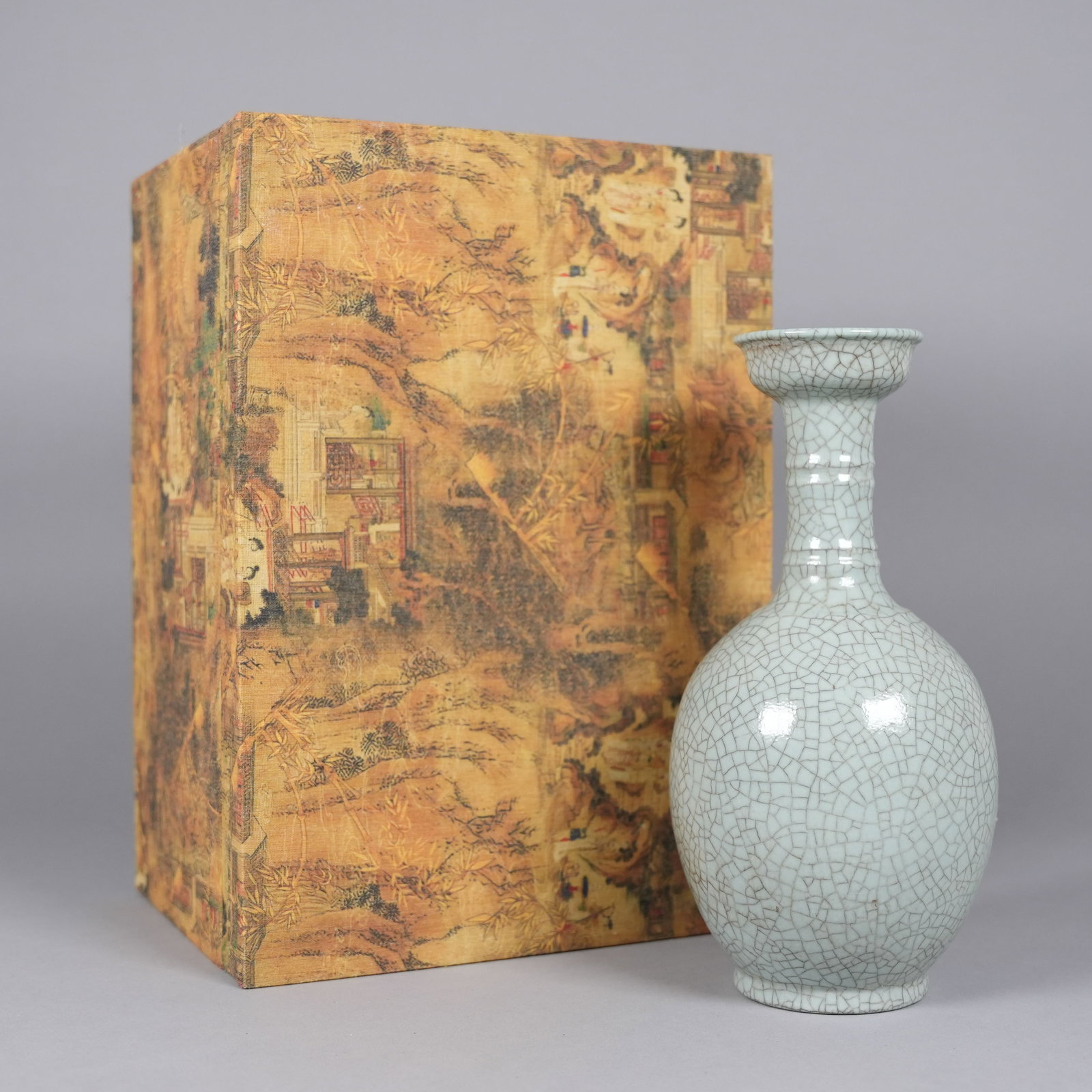 Chinese fine crackled vase with heavy silk box: Chinese fine crackled vase with heavy silk box. H: 10.1" x W: 5."