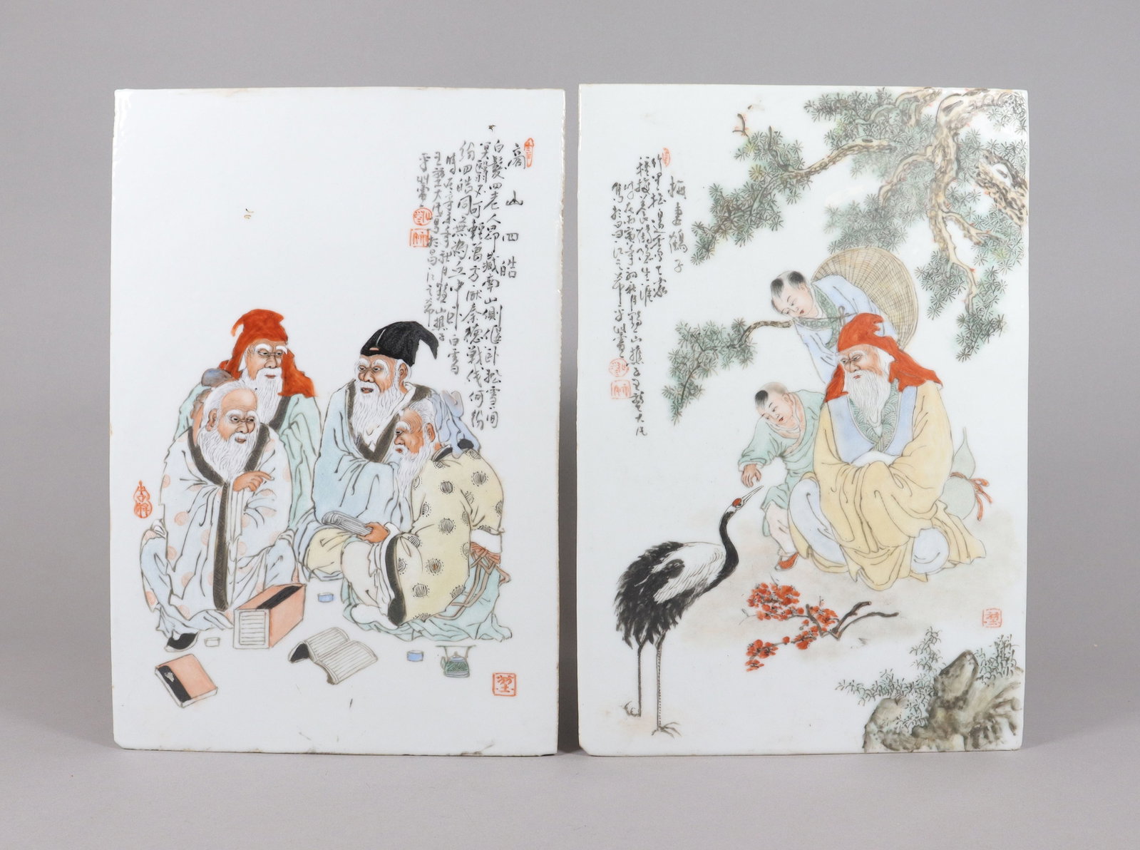 2 Chinese porcelain tiles: 2 Chinese fine porcelain tiles. H: 14.75" x W: 9.65."