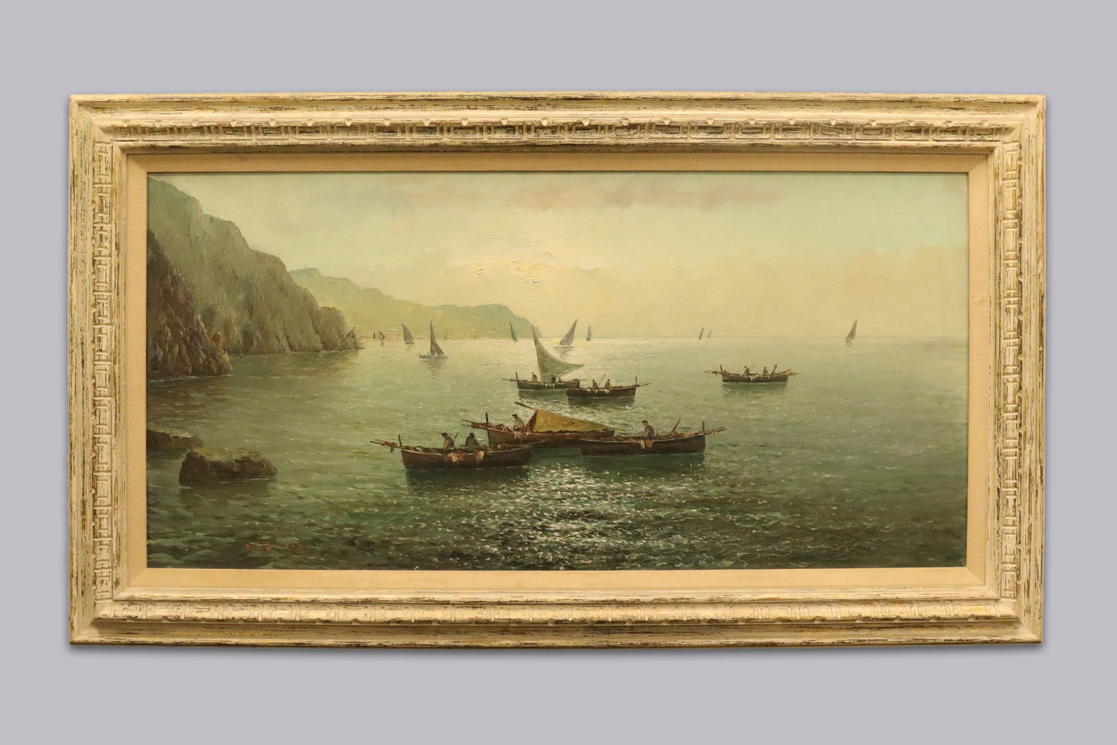 A vintage large oil on canvas: A vintage large oil on canvas painting, signed from an estate. H: 32" x W: 55."