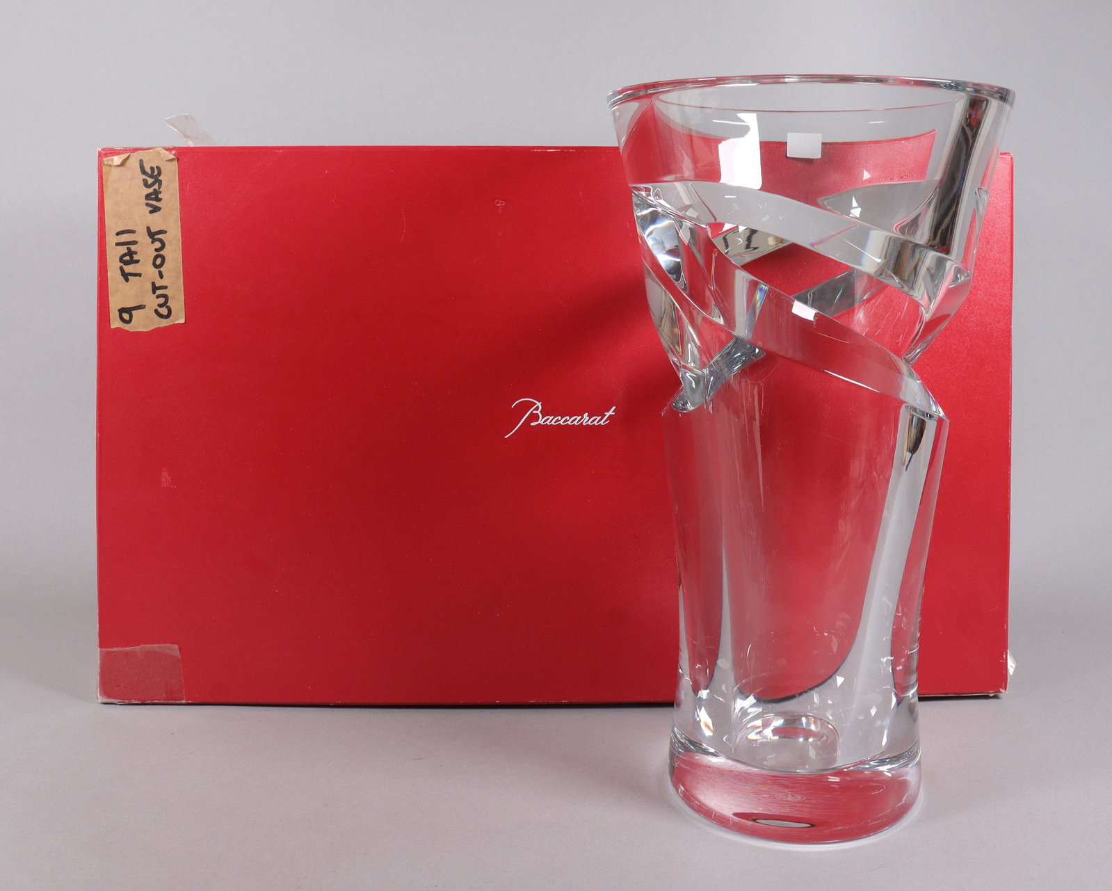 A large Baccarat fine vase with box: A large Baccarat fine vase, with original box. H: 15" x W: 8.75."