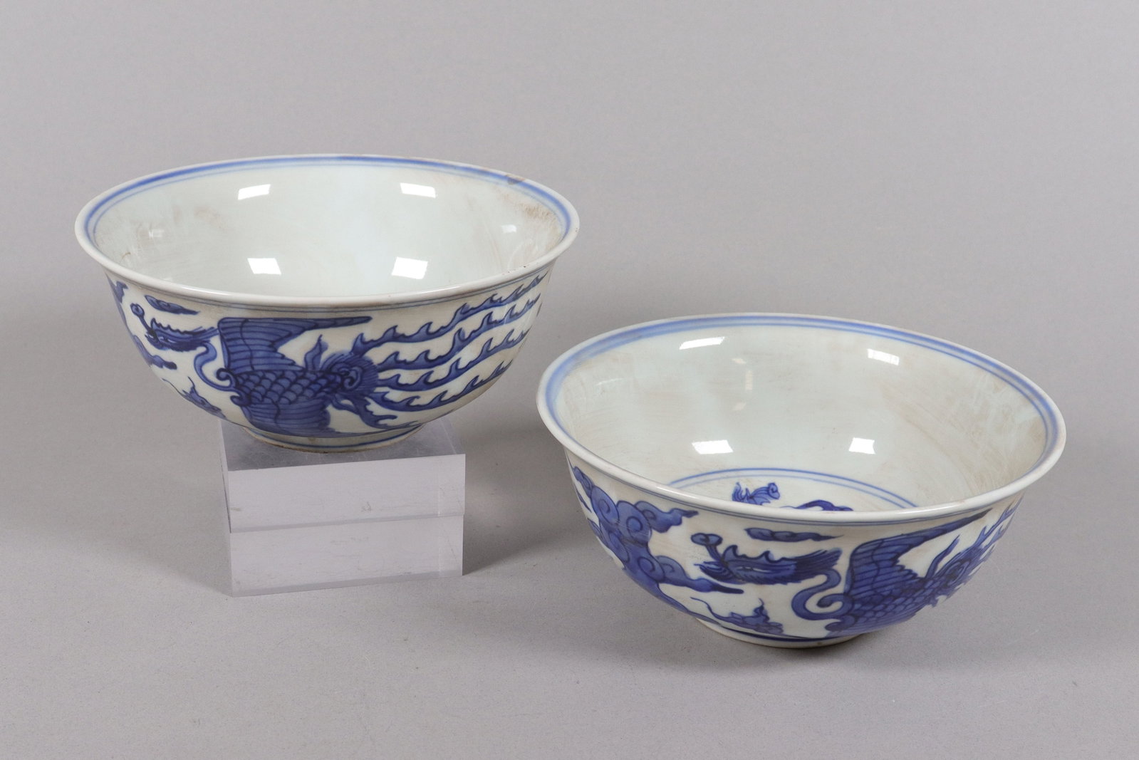 2 Chinese b/w fine bowls: 2 Chinese blue and white fine bowls. Largest H: 3.5" x W: 6."