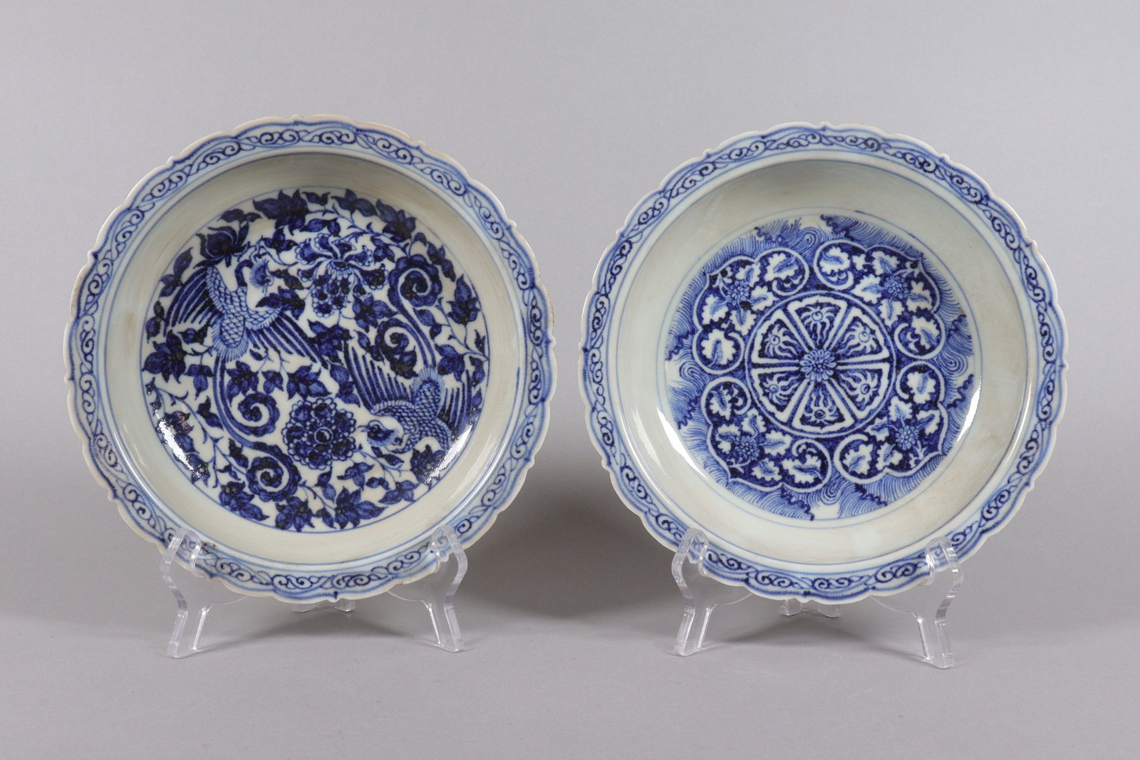 2 Chinese fine b/w plates: 2 Chinese fine blue and white plates. Largest H: 2.1" x W: 8.75."