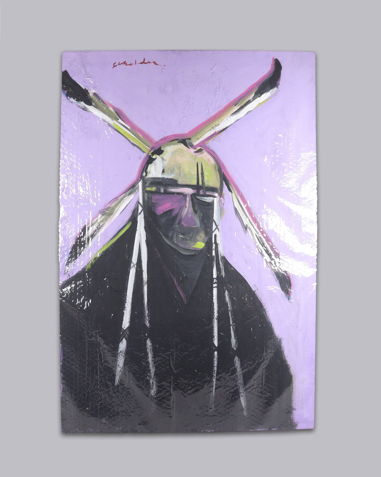 Fritz Scholder oil on canvas painting: Fritz Scholder oil on canvas Indian painting. H: 36" x W: 24."