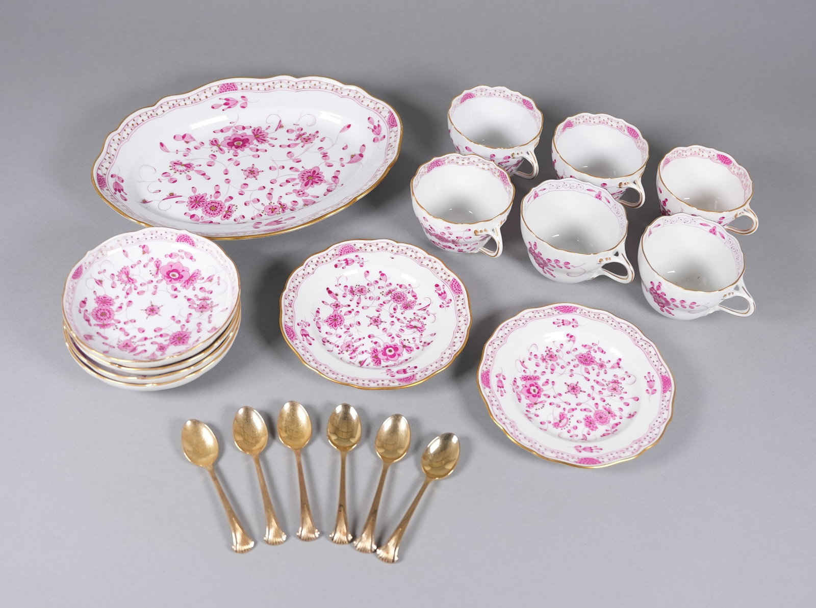 Lots antique pink Meissen porcelains: Lots antique fine pink Meissen porcelain items, and some spoons. Largest H: 11.1" x W: 8."