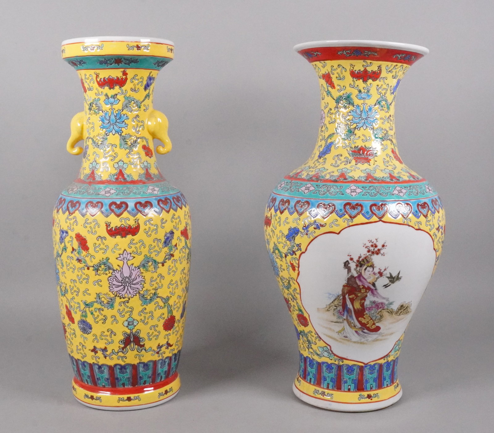 2 Chinese fine yellow vase: 2 Chinese fine yellow vase, largest H: 17.1" x W: 8.6."