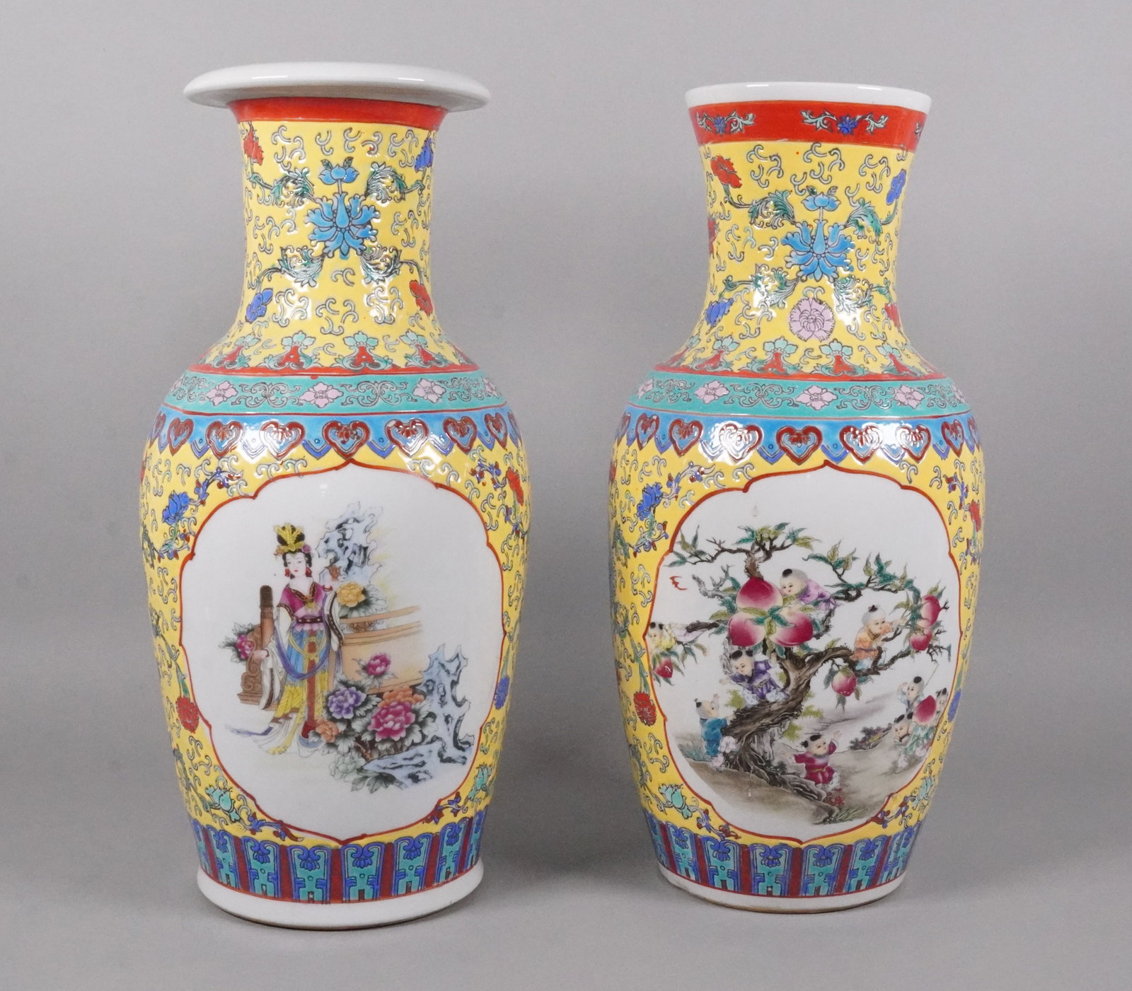 2 Chinese fine yellow vase: 2 Chinese fine yellow vase, largest H: 16.7" x W: 7.1."