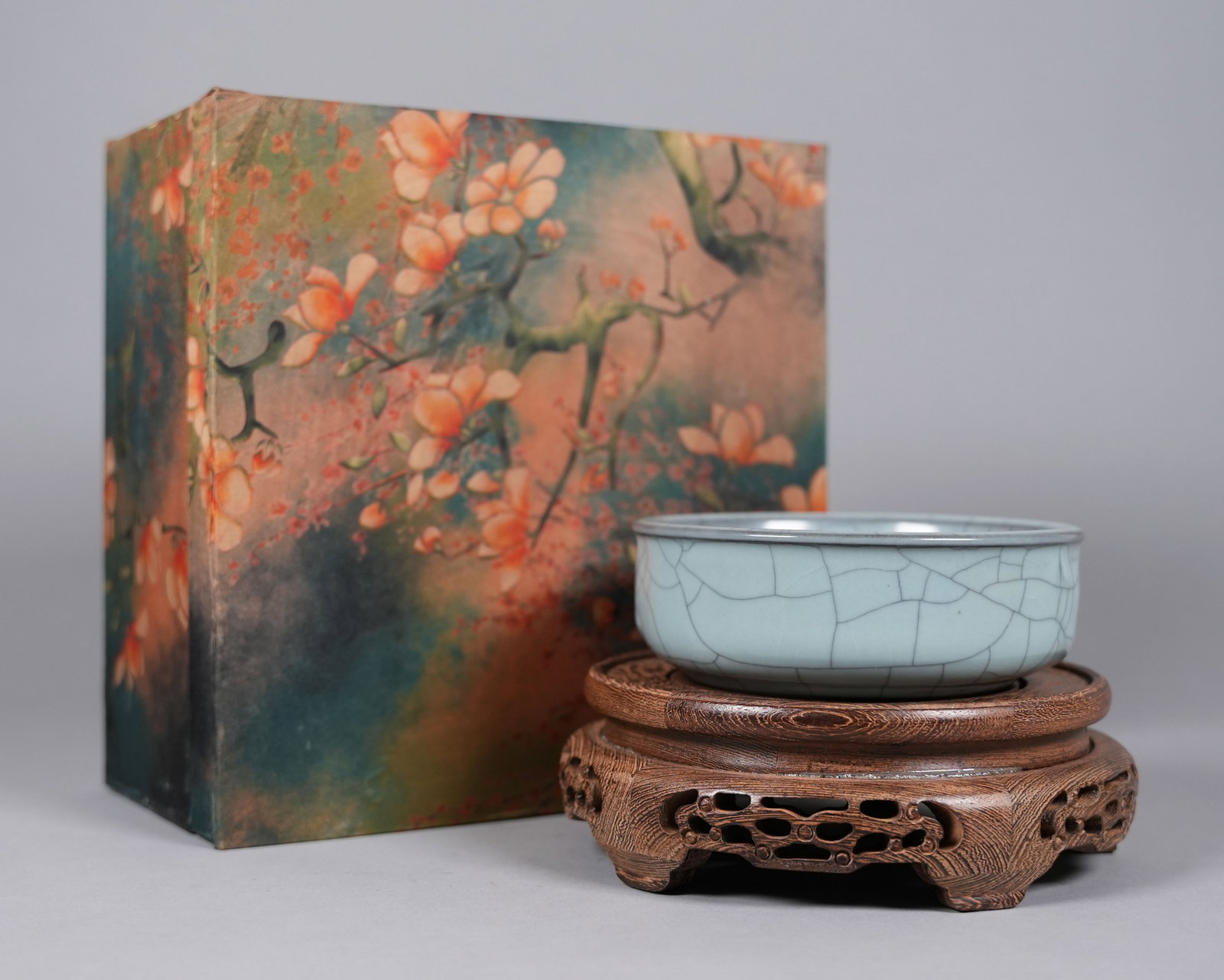 Chinese fine celadon crackled washer: Chinese fine celadon crackled washer with heavy silk box. H: 1.9" x W: 5.5."