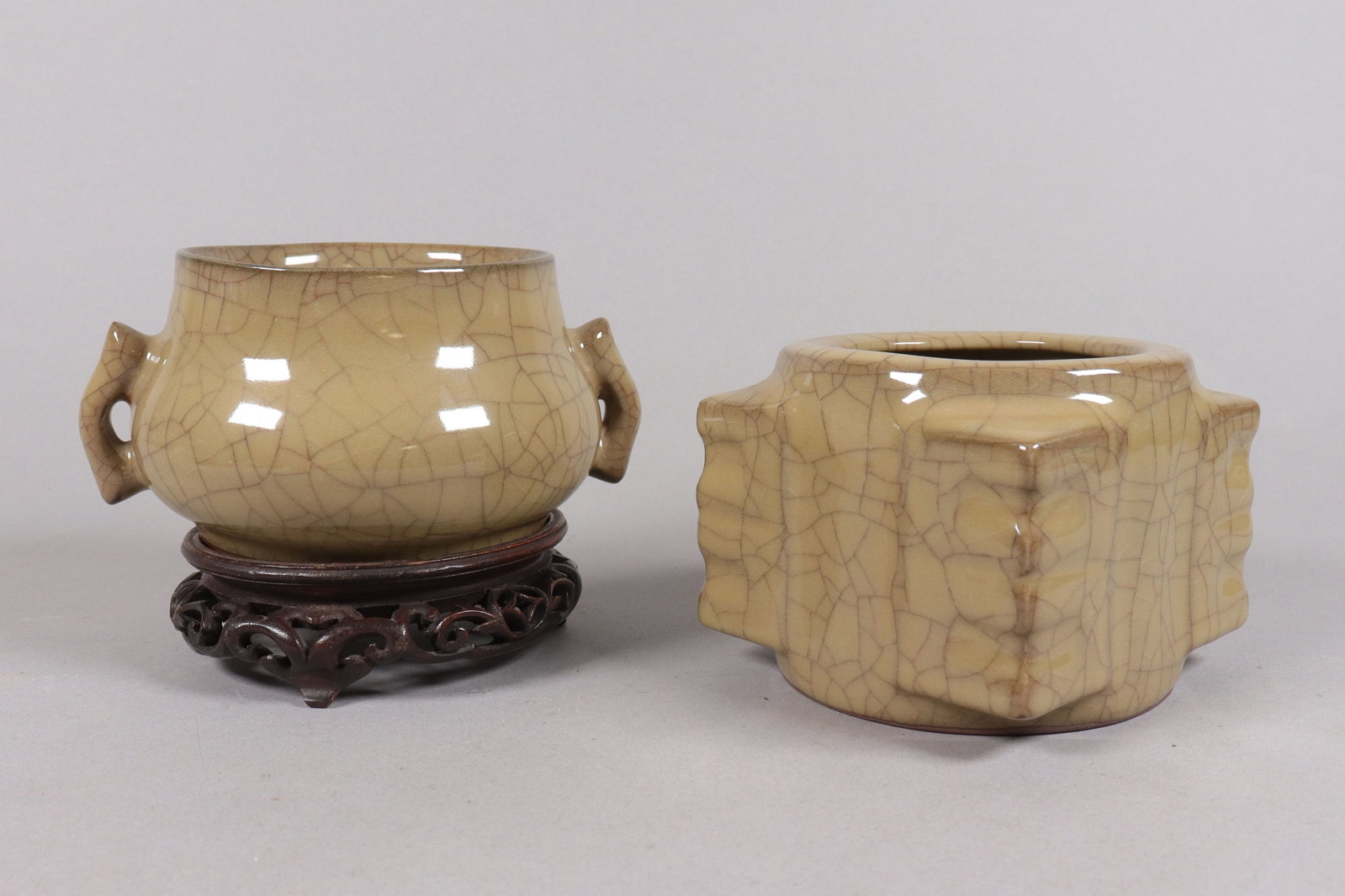 2 Chinese crackled porcelains: 2 Chinese fine crackled porcelainsl, largest H: 3.75" x W: 4.25."