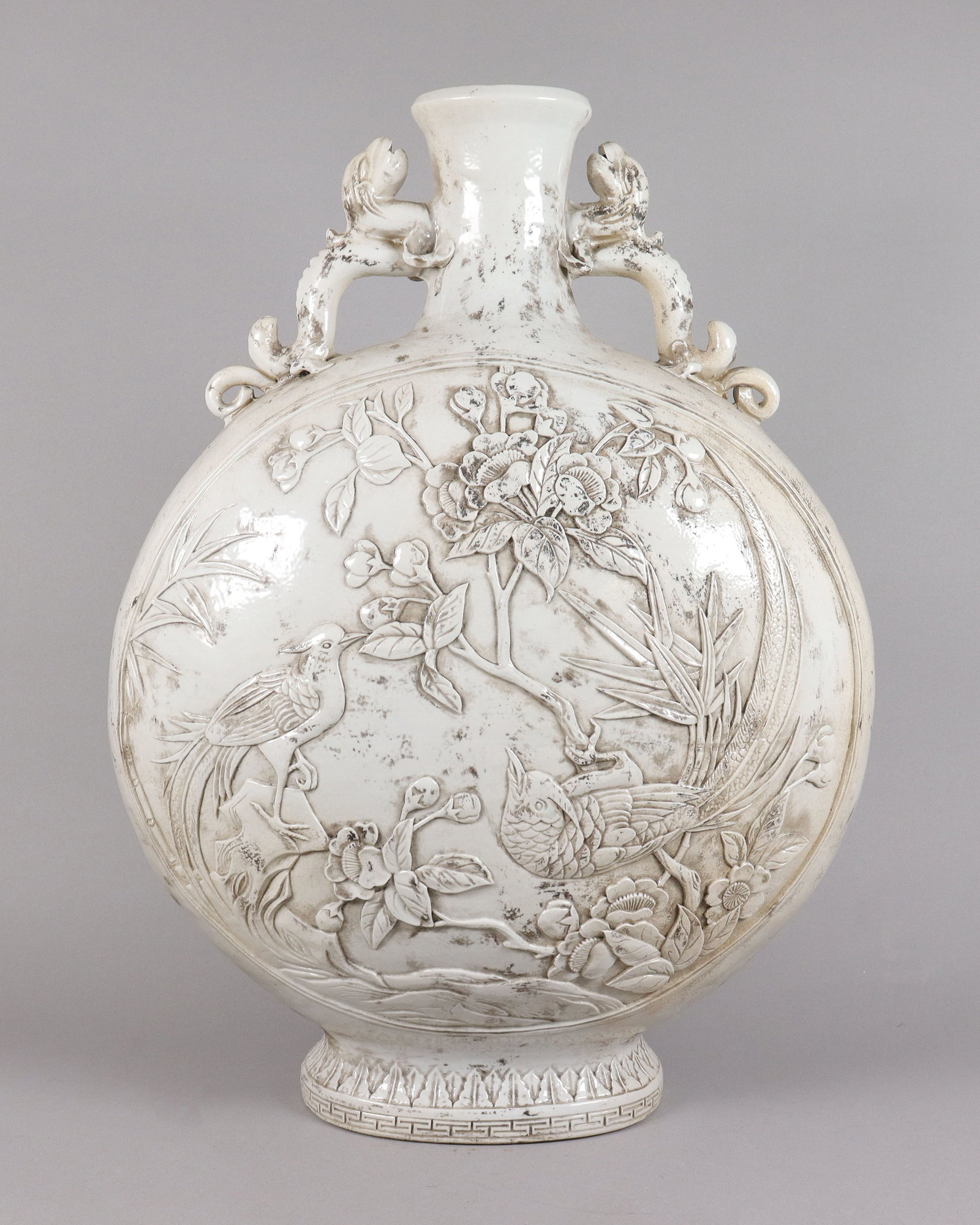 Chinese massive carved vase: Chinese massive carved flask vase H: 24" x W: 17."
