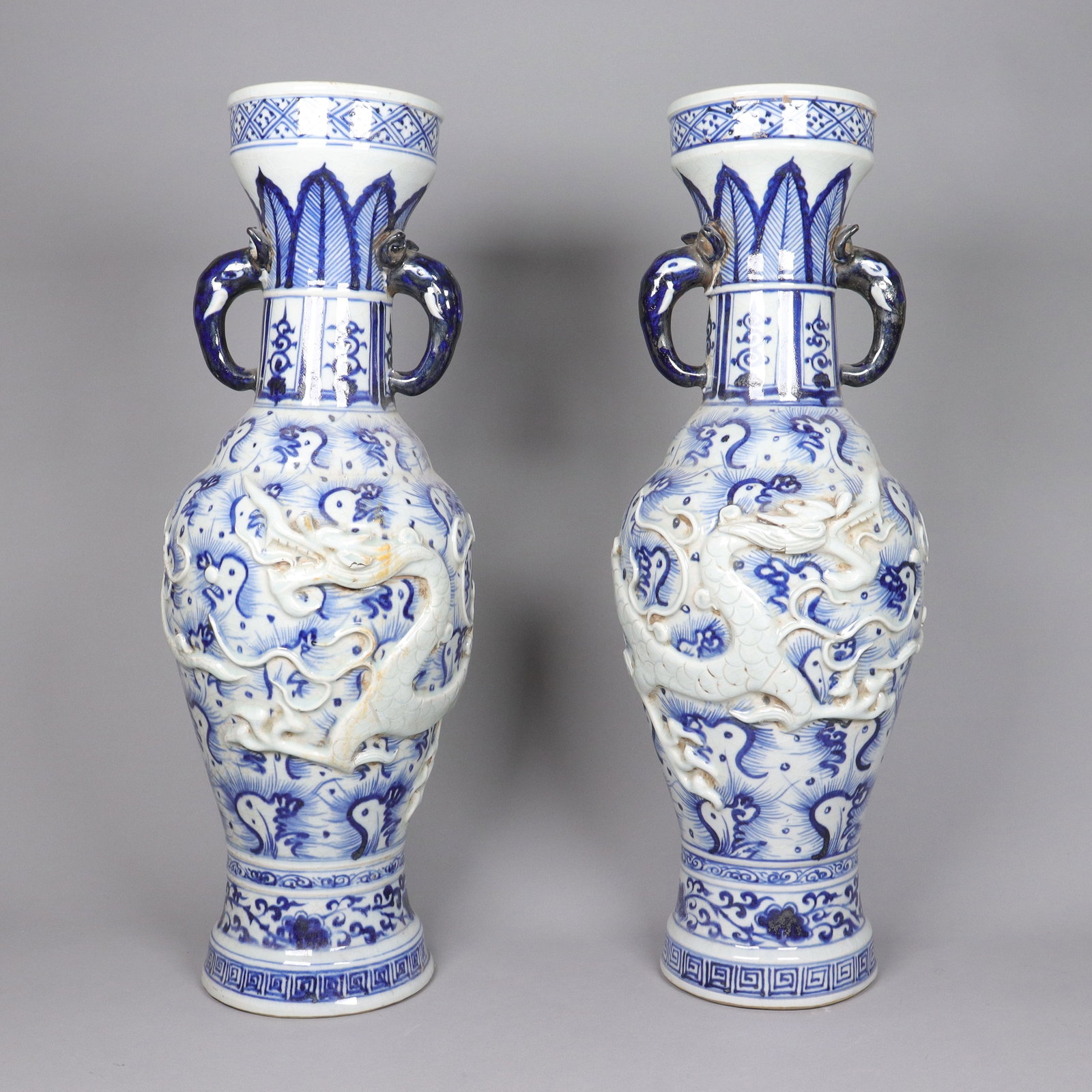 2 Chinese massive fine handled vase: 2 Chinese massive fine handled vase. H: 22.75" x W: 8."