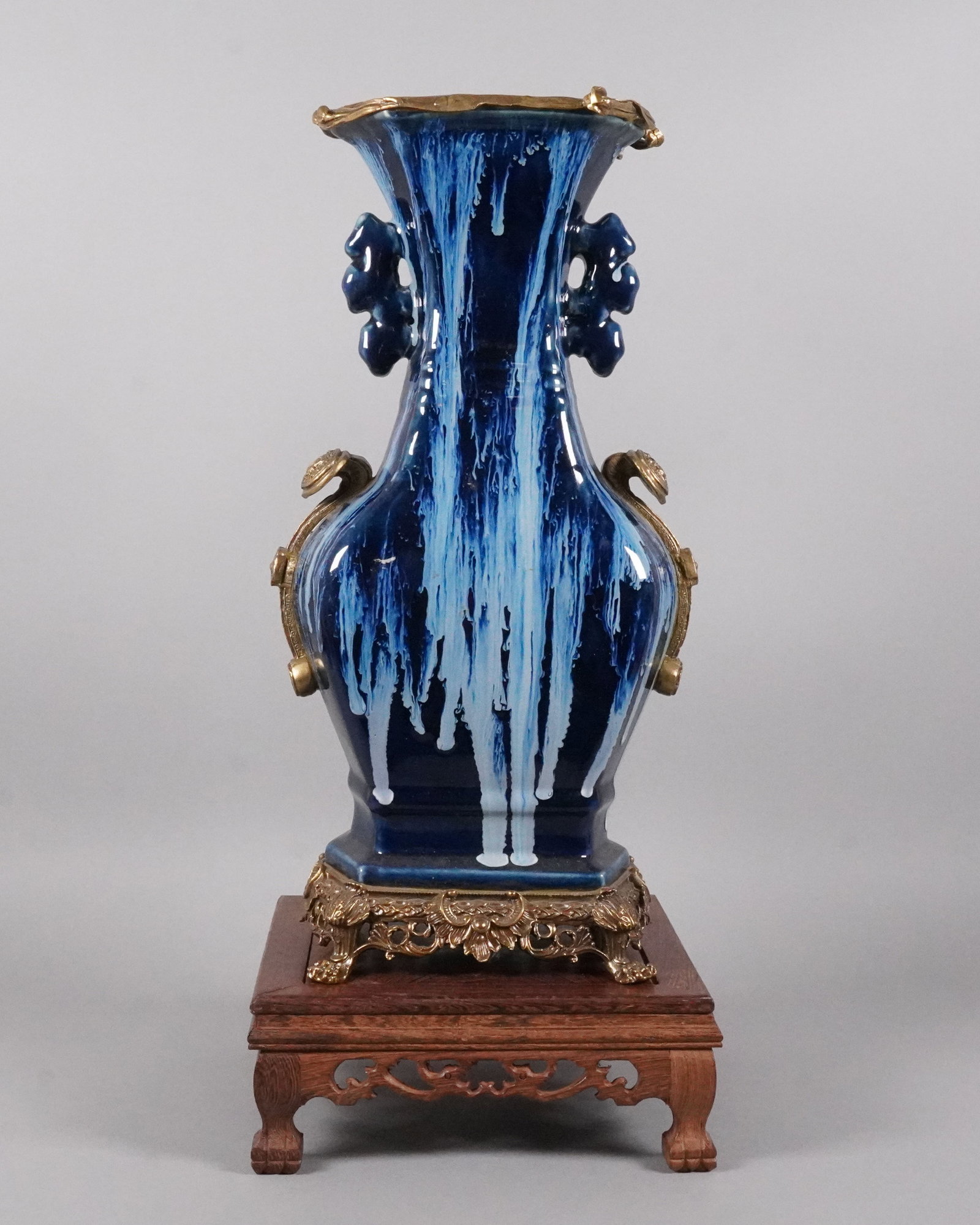 Chinese fine purple splashed vase: Chinese fine purple splashed vase. H: 17.5" x W: 8.5."
