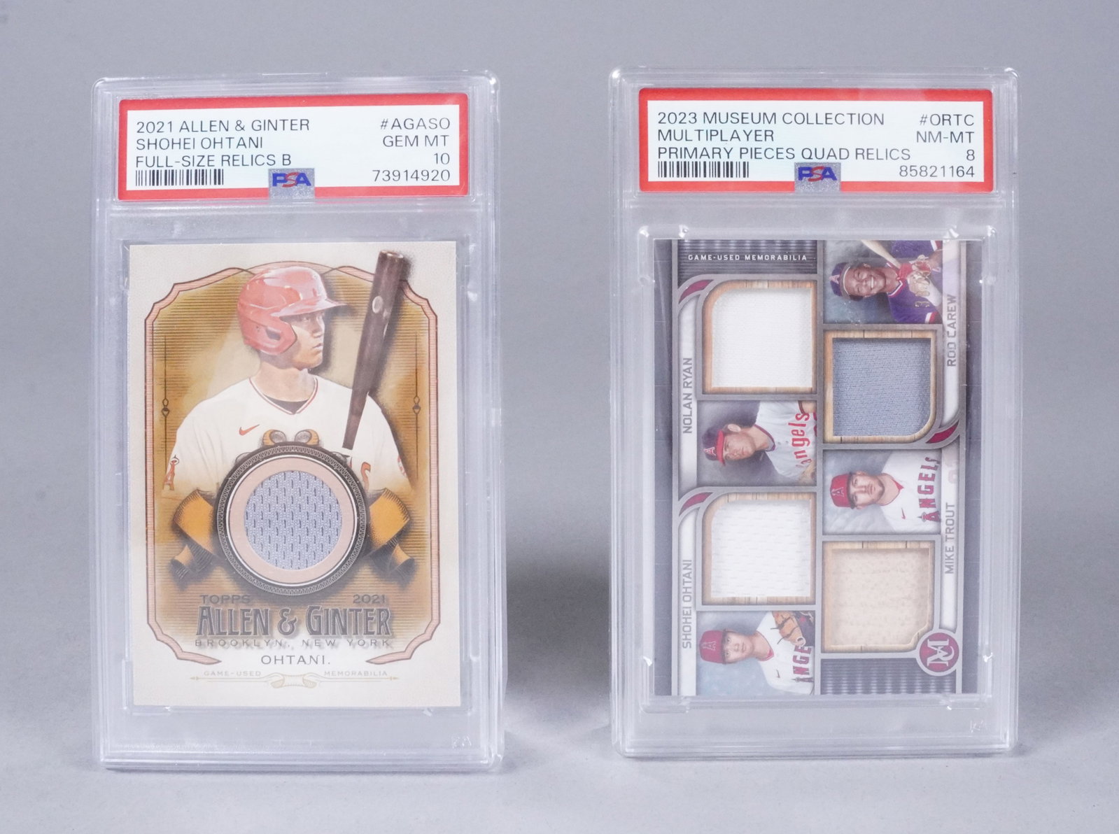 2 Shohei Ohtani relic cards PSA graded: 2 Shohei Ohtani relic baseball cards, PSA graded.