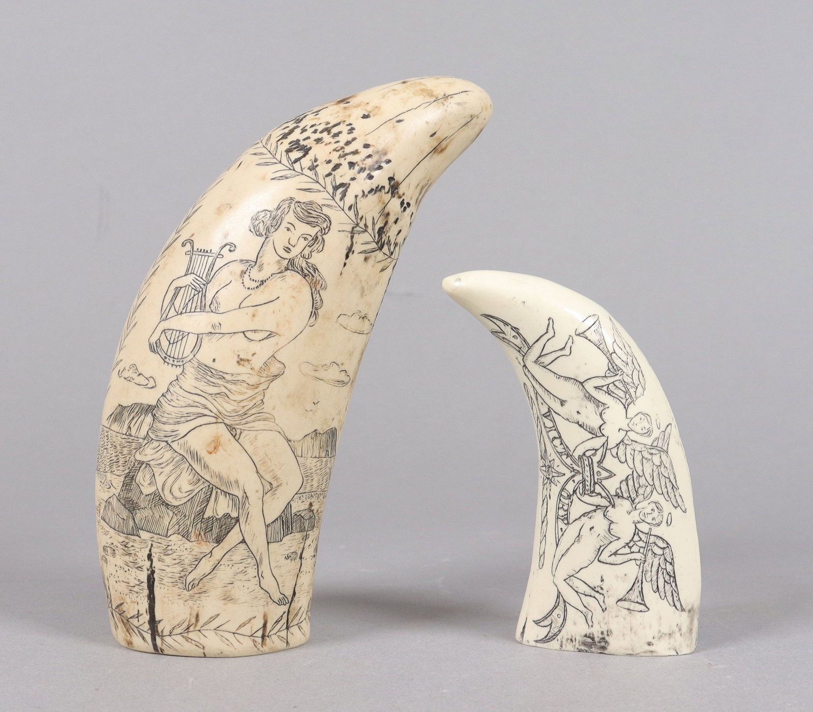 2 estate carved item ungraded: 2 estate carved item, ungraded. We do not guarantee its material or age. All sales are final, no return. Largest H: 6" x W: 2.25."