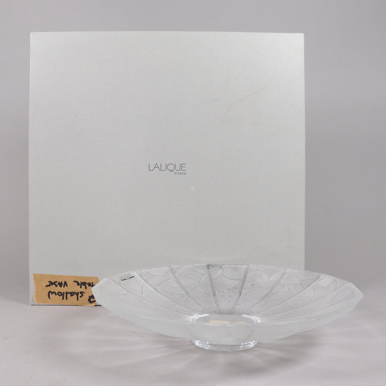 Lalique large crystal plate with box: Lalique large crystal plate with original box. H: 2.5" x W: 12.5."