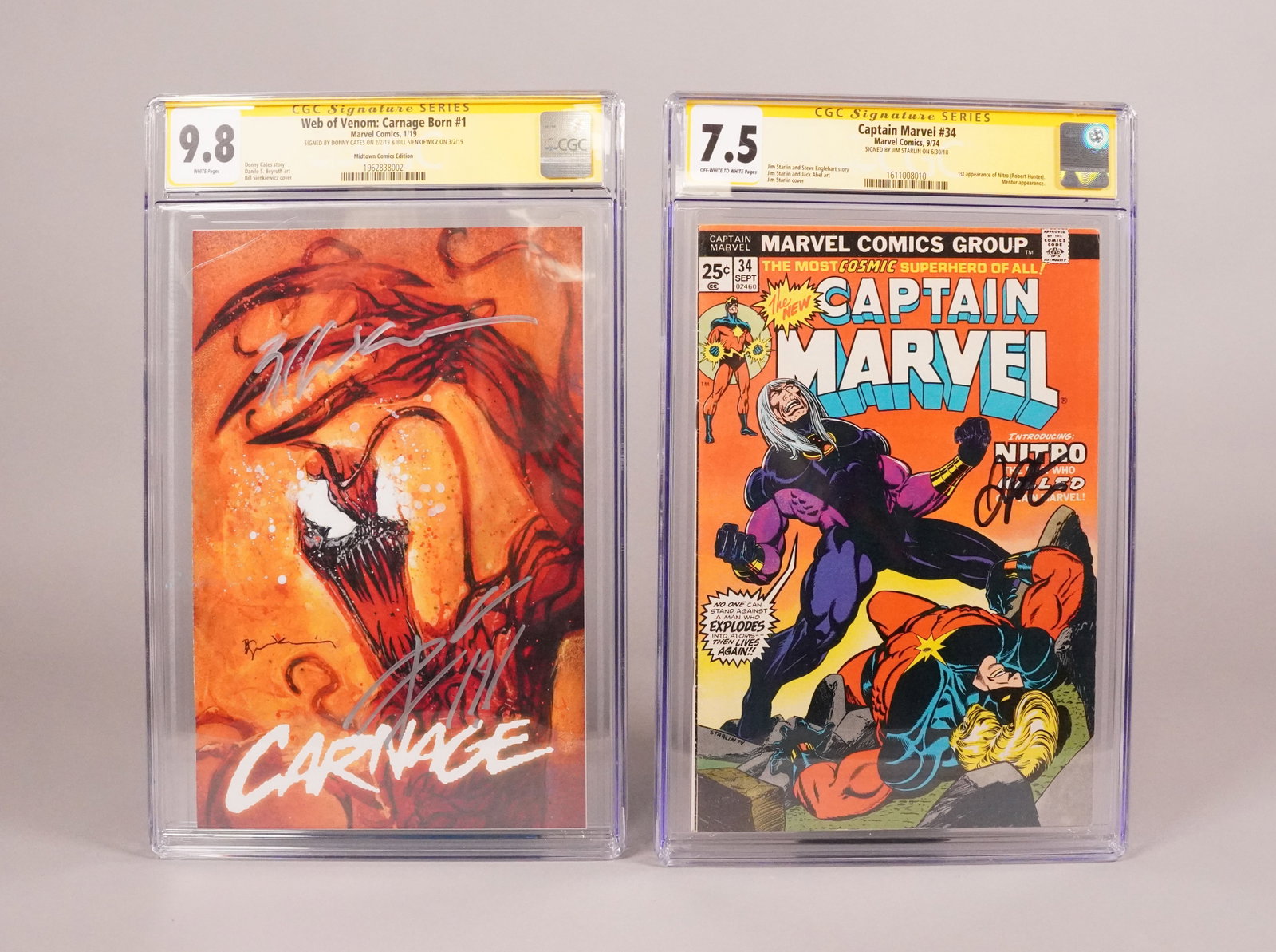 Captain Marvel and Carnage comic books CGC: Captain Marvel comic book signed by Jim Starlin, and Carnage comic book signed by Donny Cates. Both CGC graded.