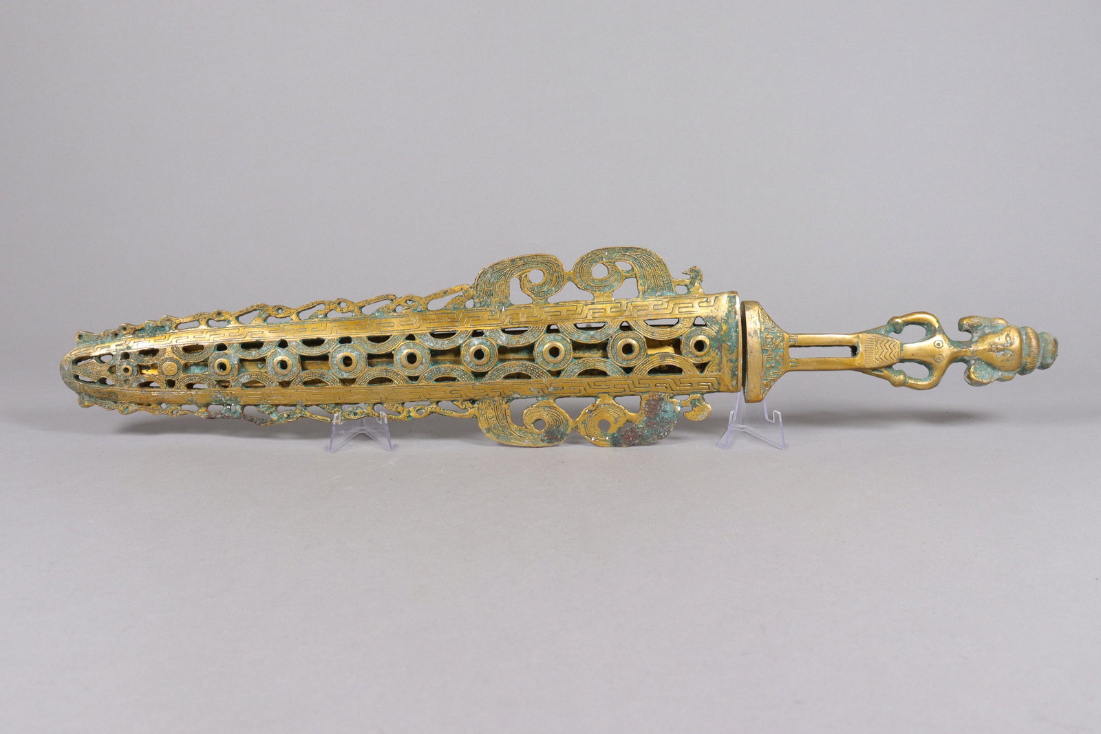 Chinese heavy gilted bronze sword: Chinese heavy fine gilted bronze sword. L: 24" x W: 4.75."