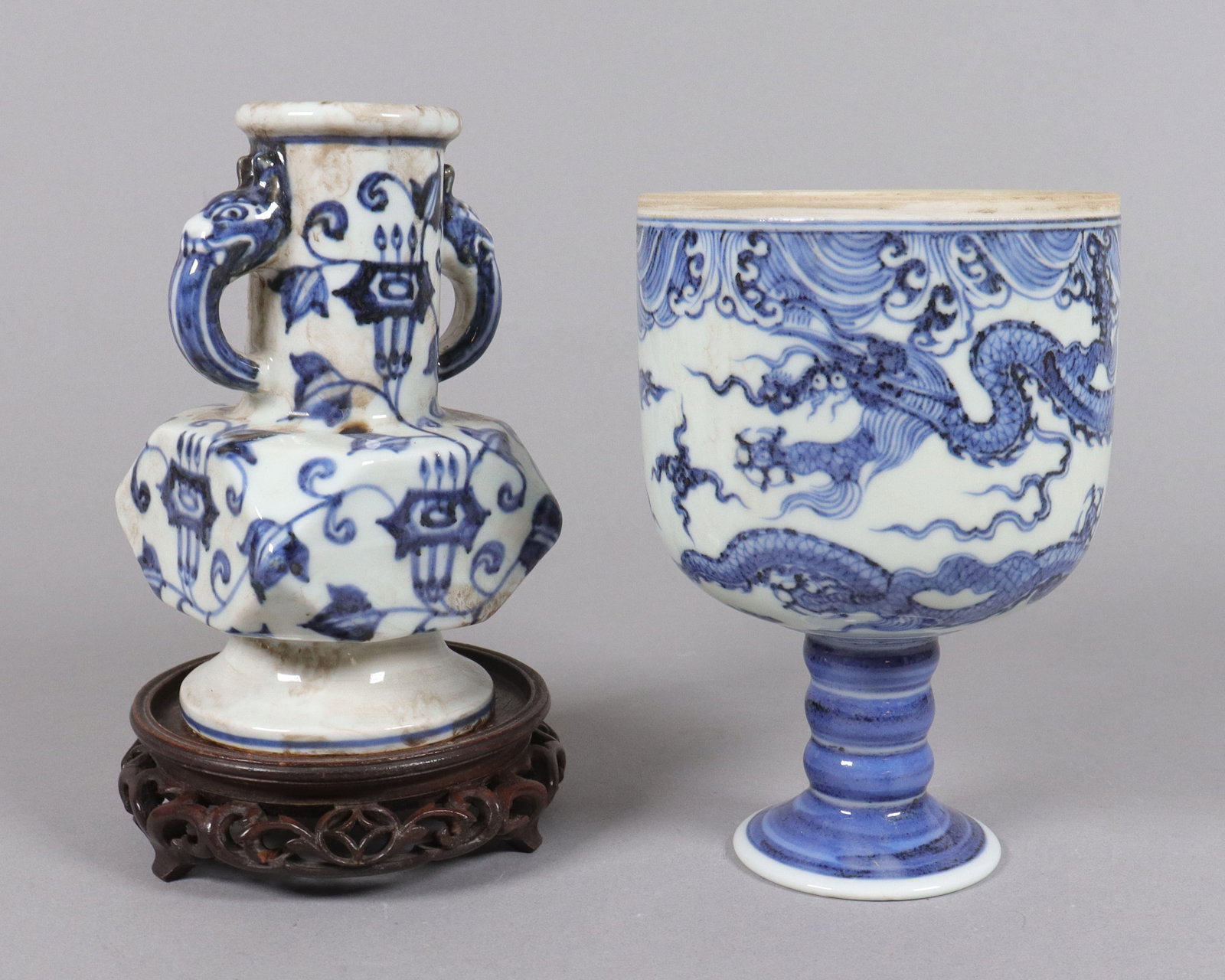 2 Chinese b/w porcelains: 2 Chinese b/w fine porcelains, largest H: 6.1" x W: 3.3."