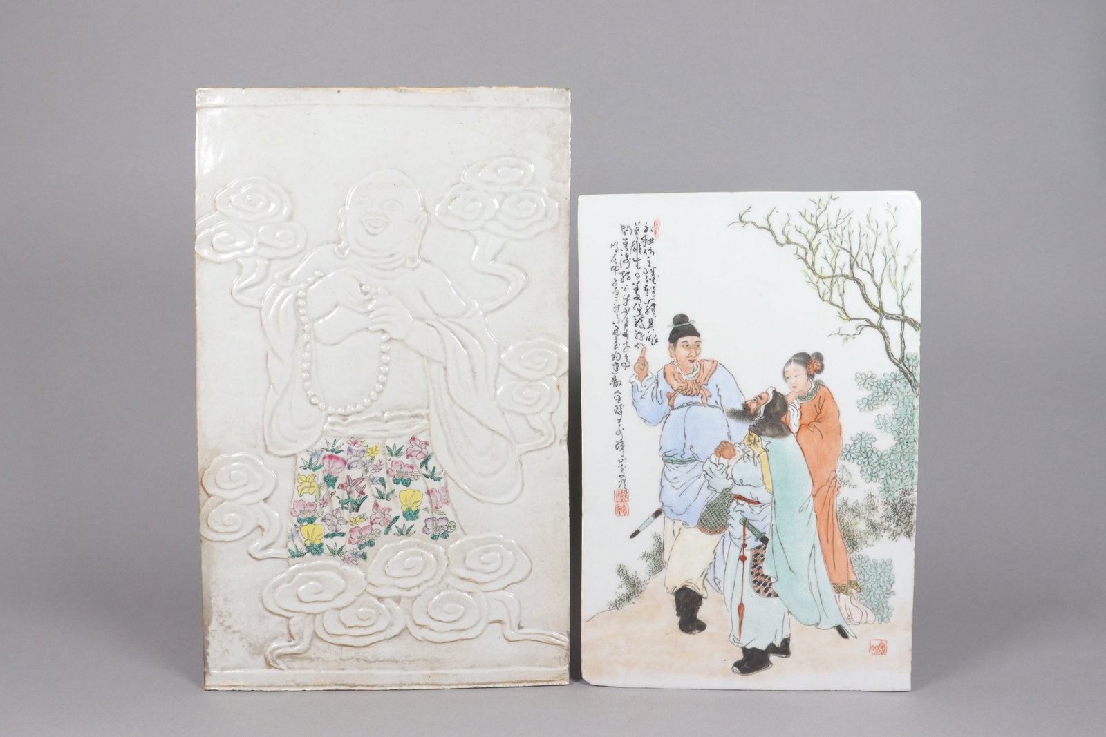 2 Chinese porcelain tiles: 2 Chinese porcelain tiles. Largest H: 17.75" x W: 10.75."