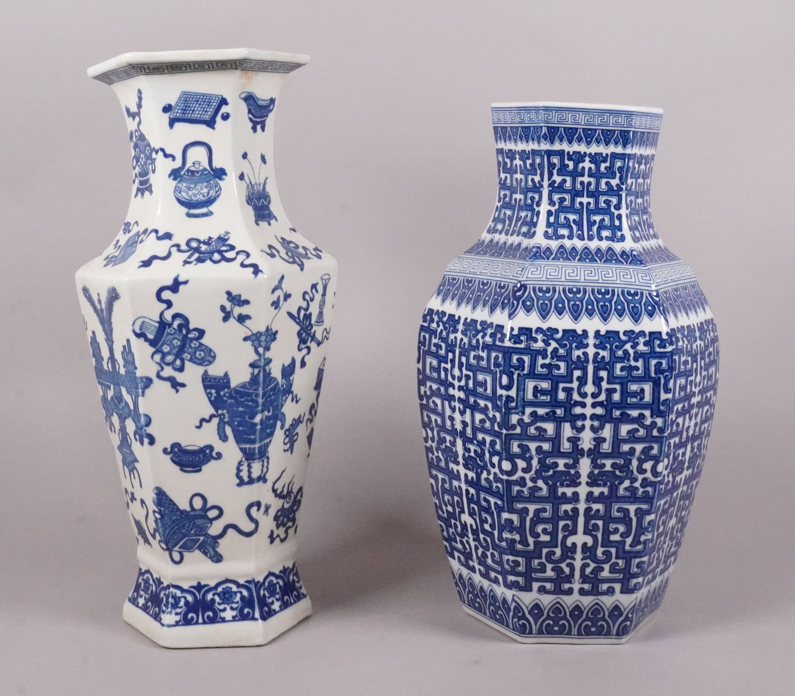2 Chinese large b/w vase: 2 Chinese large b/w vase. Largest H: 15.7" x W: 7.6."