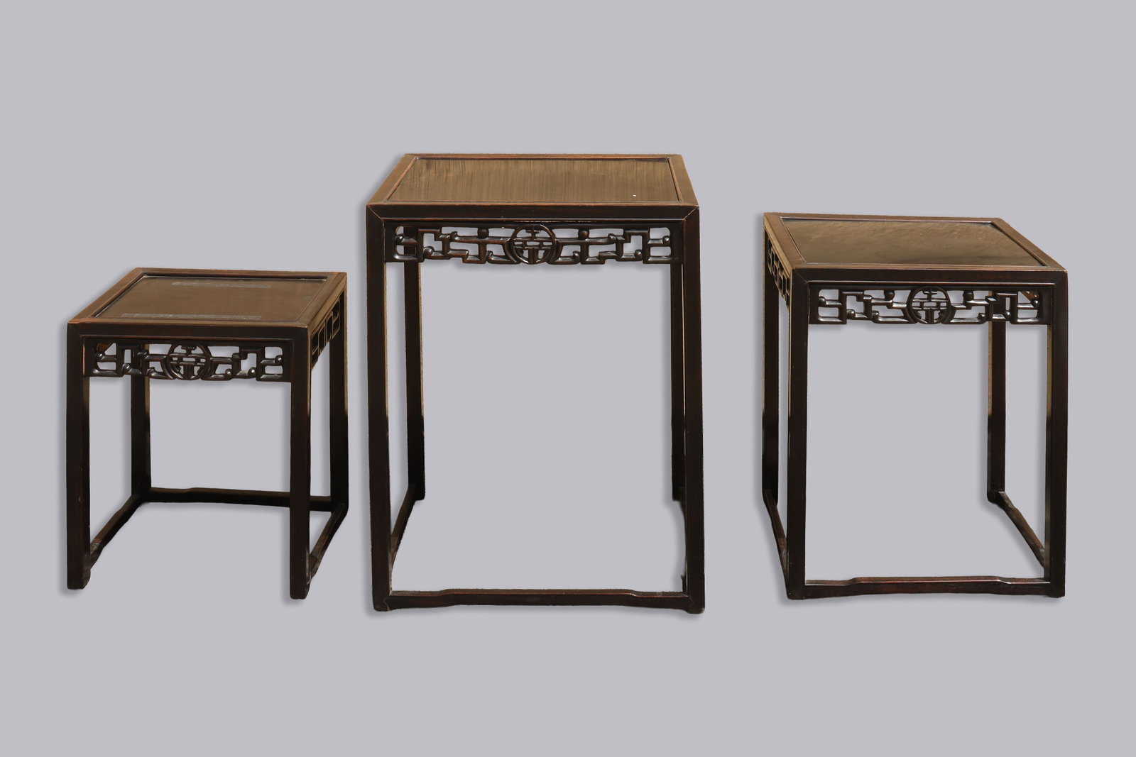 3 Chinese wooden tables: 3 Chinese fine wooden tables, condition selling it as is. All sales are final, no return. Some table is minor chipped. H: 24.75" x W: 19."