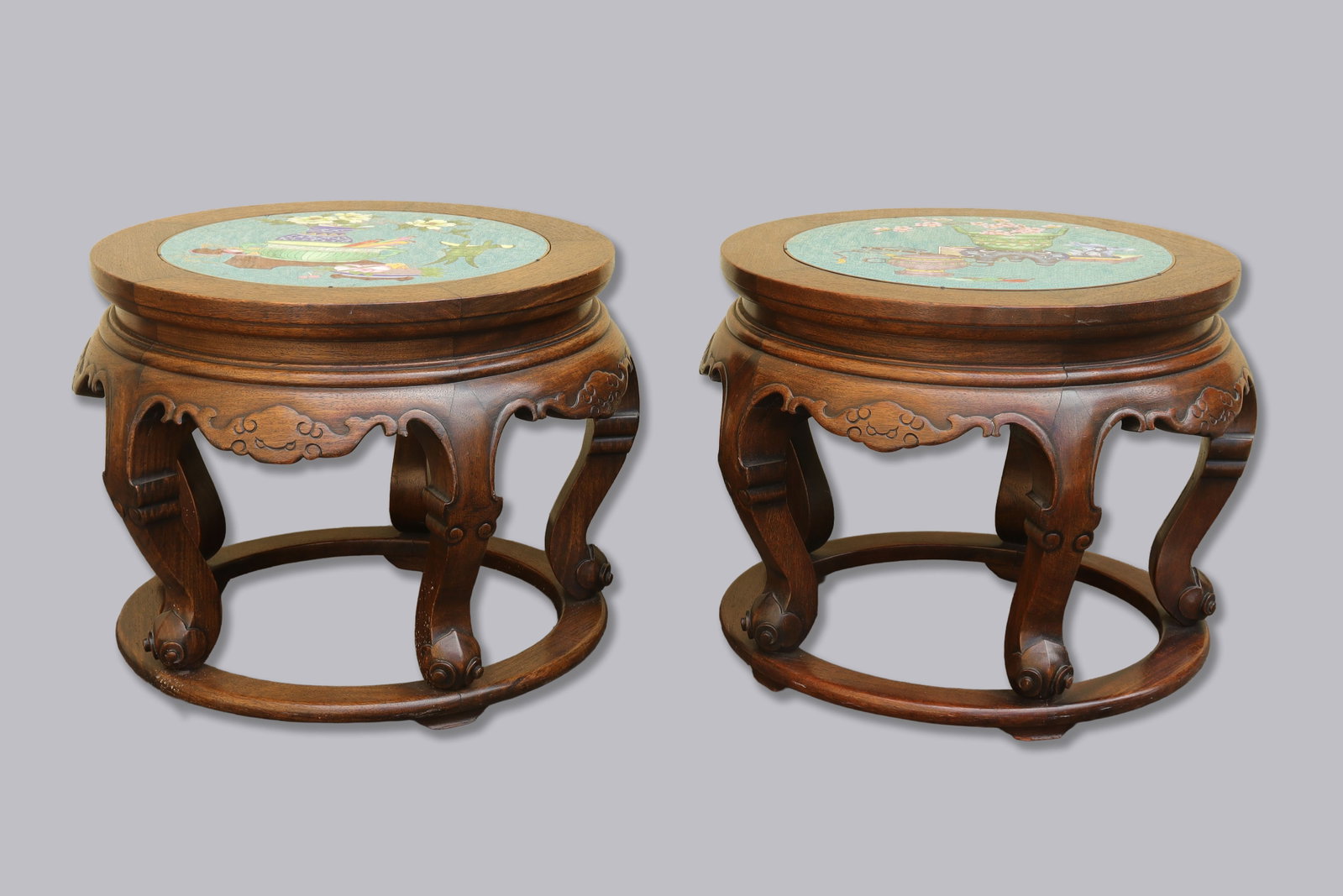 2 Chinese antique drum stool: 2 Chinese fine antique cloiosonne drum stool. H: 12.75" x W: 16."