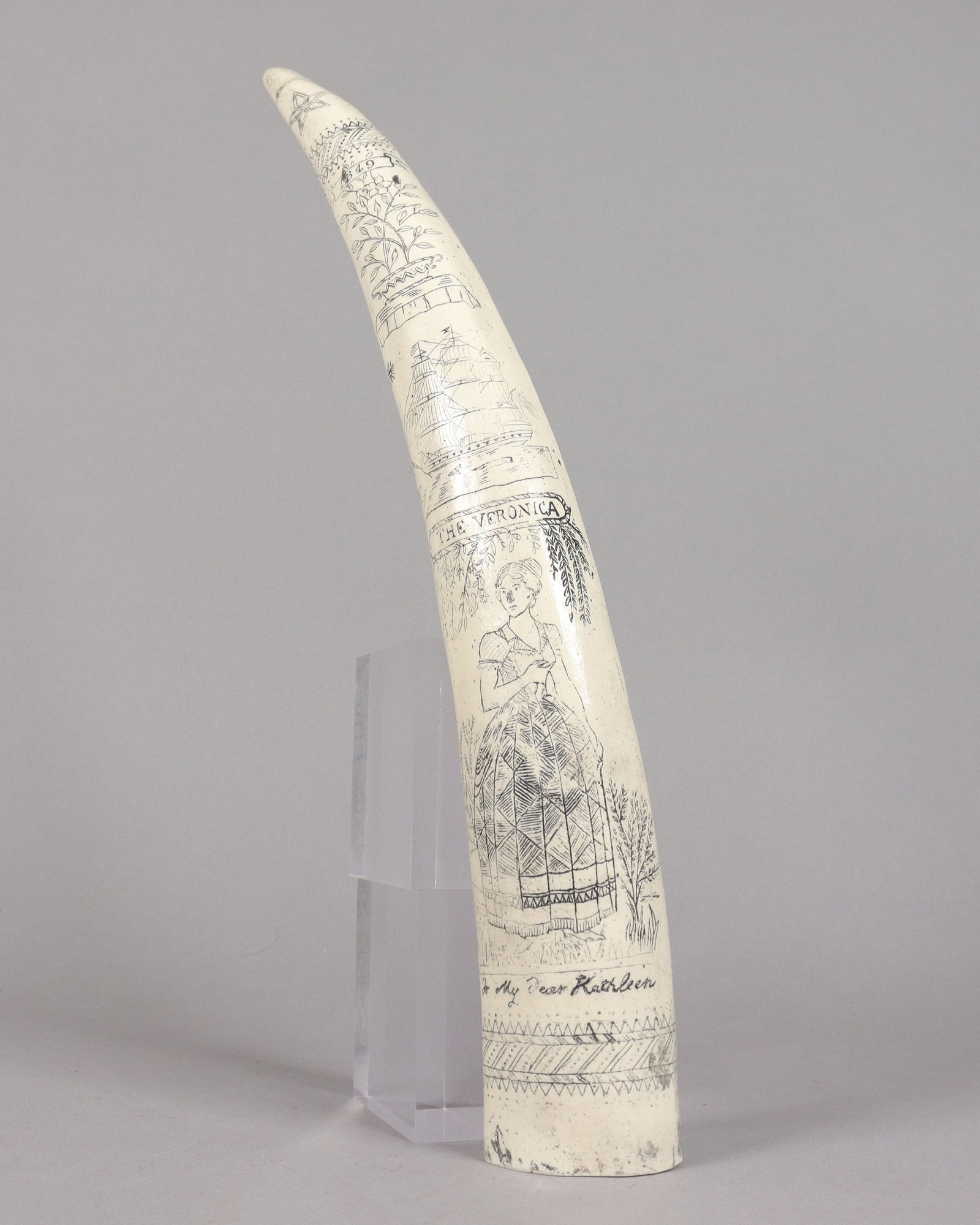 A large estate carved item ungraded: A large estate carved item ungraded. H: 17" x W: 2." We do not guarantee its material, engravings, carvings, and age. All sales are final, no return.