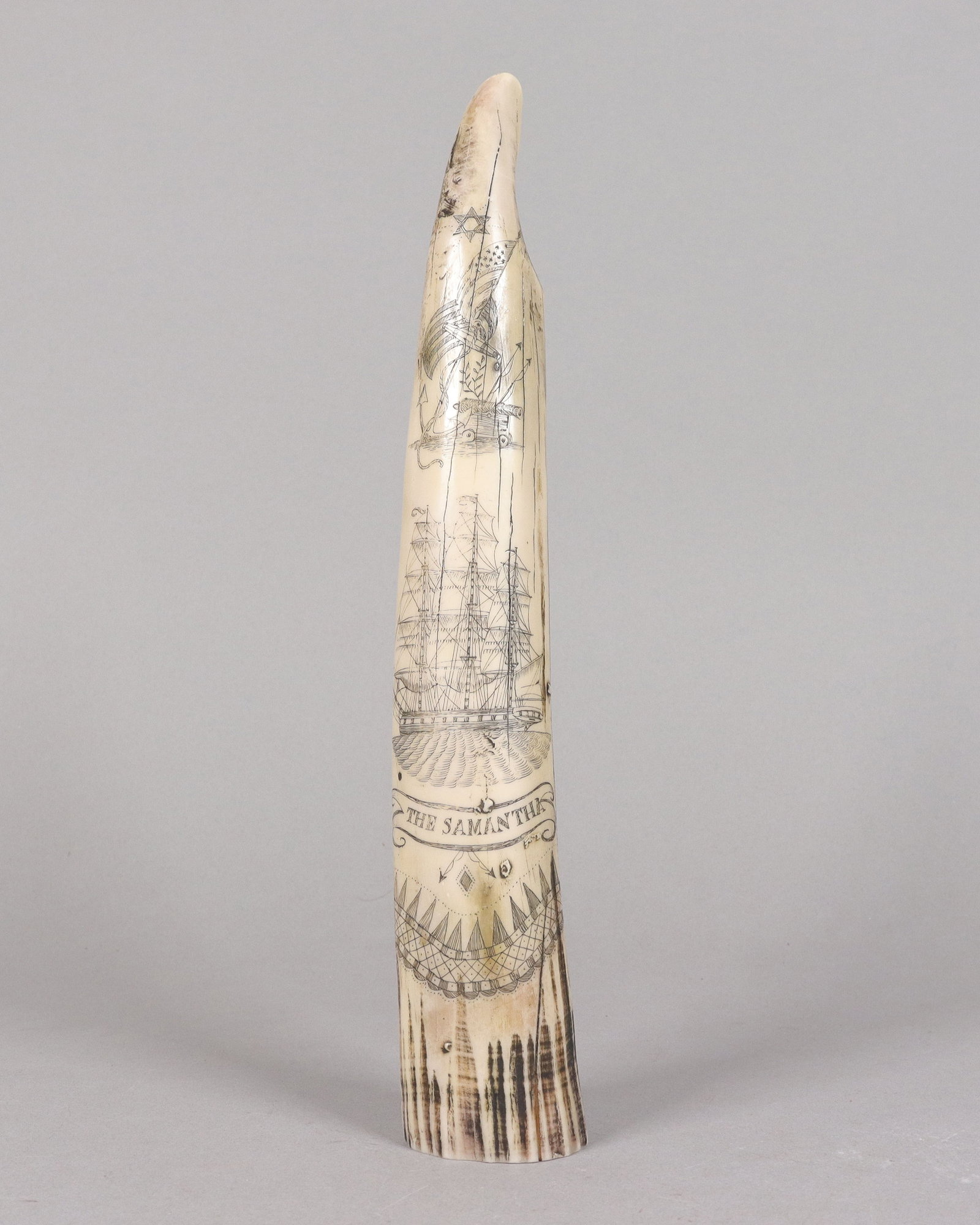 A large estate carved item ungraded: A large estate carved item. Ungraded, we do not guarantee its material, grading, age and engraving. All sales are final, no return. H: 11.5" x W: 2."