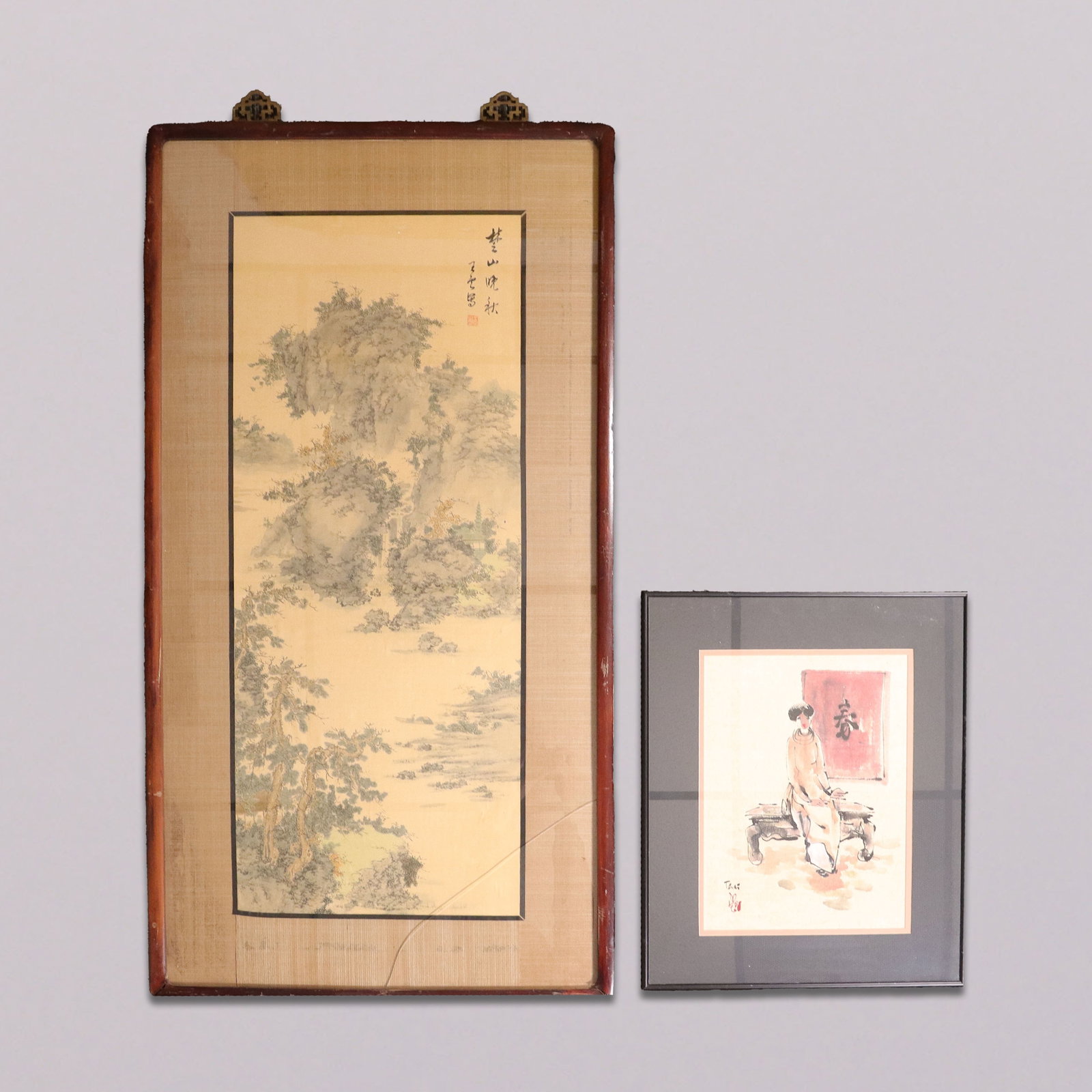 2 Chinese fine painting framed: 2 Chinese fine painting framed. One of the frame glass has crack. Largest H: 47.5" x W: 25.25."