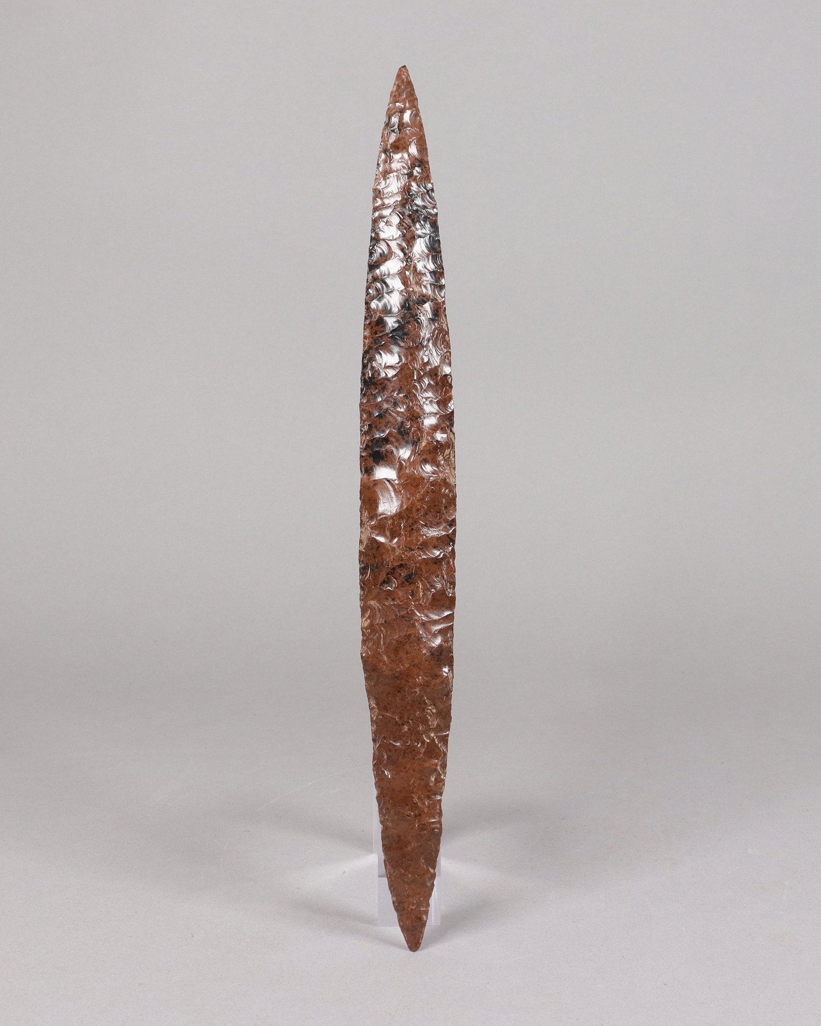 Pre-Columbian large obsidian spear: Pre-Columbian large carved obsidian spear. L: 13.25" x W: 1.5."