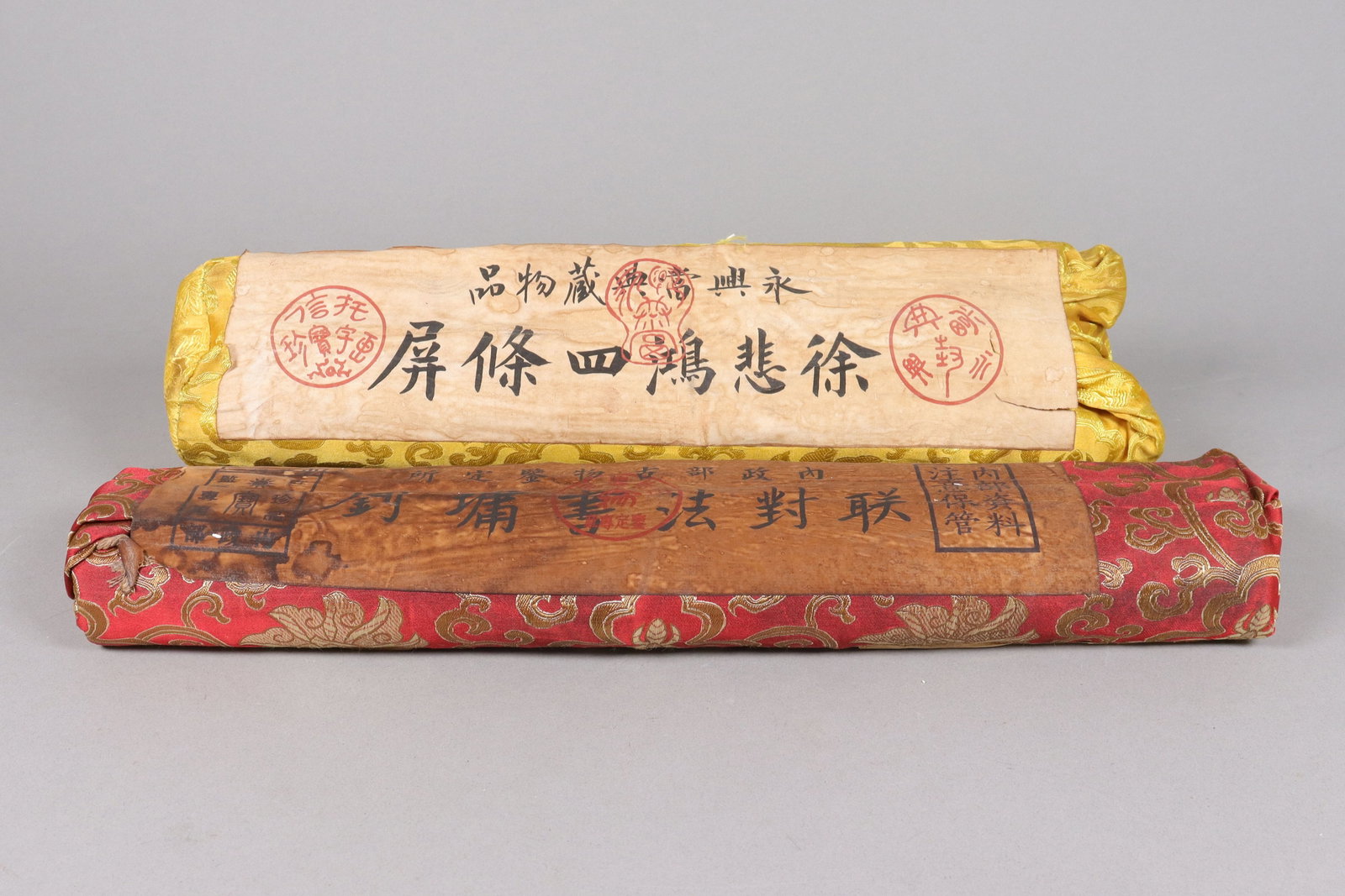 Lots Chinese heavy scrolls sealed in silk wrap: Lots Chinese heavy scrolls sealed in silk wrap.