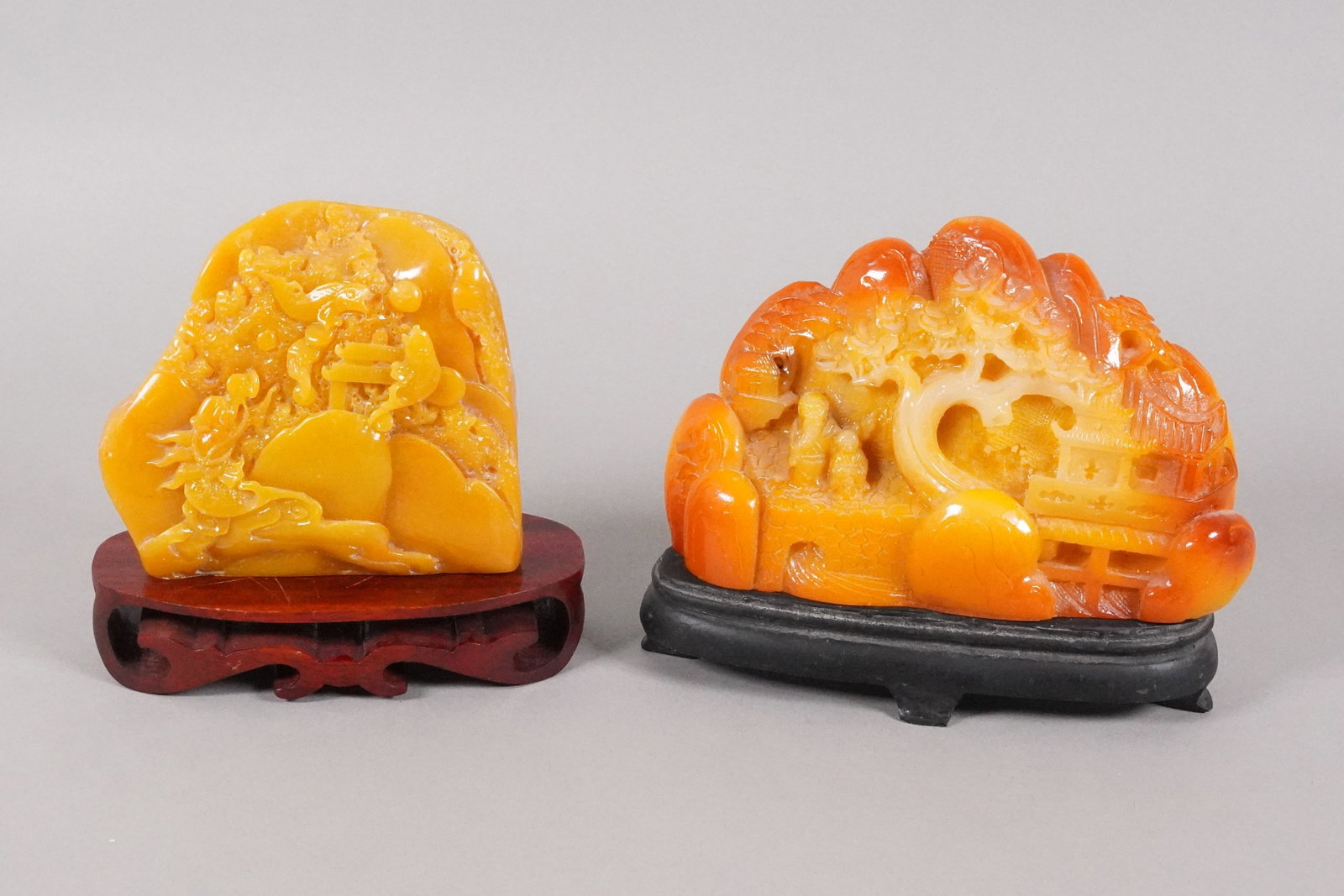 2 Chinese fine carved boulders: 2 Chinese fine carved boulders. Largest H: 4" x W: 7.5."