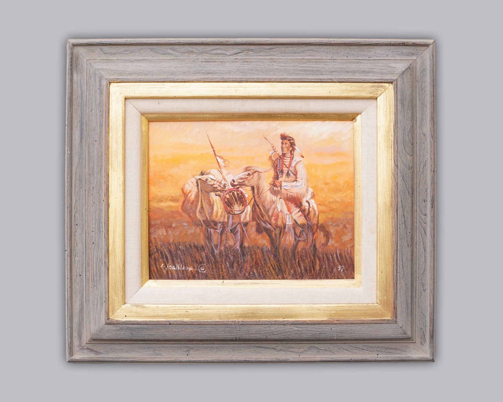 A vintage Native American painting: A vintage Native American painting, framed. H: 22" x W: 25."
