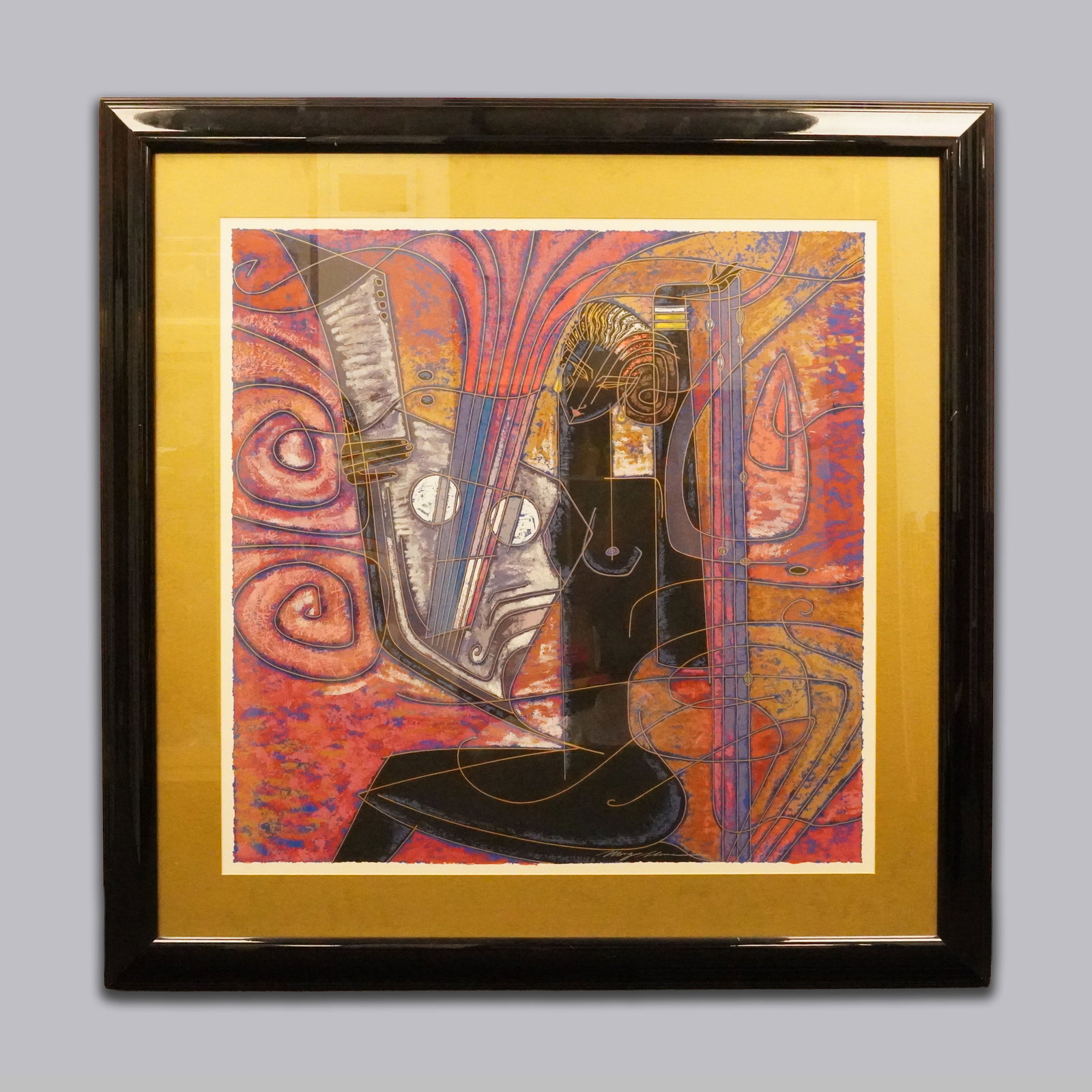Vintage framed mixed media art: Vintage framed mixed media art. H: 44" x W: 45."
