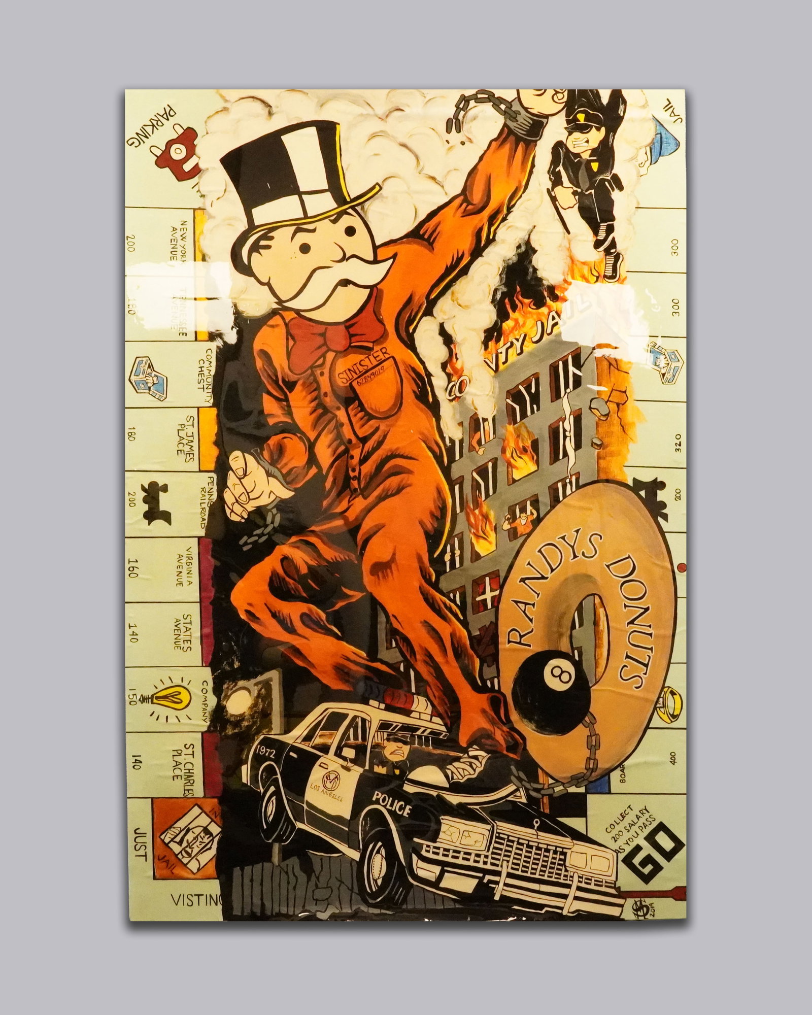 Sinister Monopoly print on wood signed art: Sinister Monopoly print on wood, signed art, original piece. Dated 2024. H: 63" x W: 42."