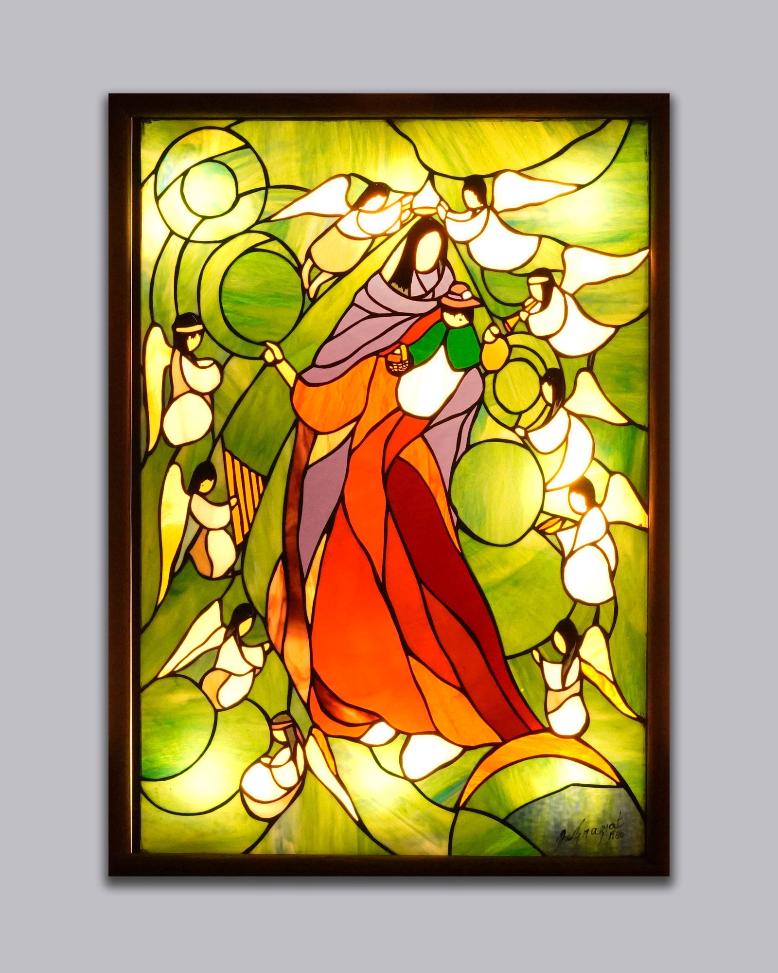 Vintage painted glass window LA church: Vintage painted glass window, from a major LA church. Bottom signed. H: 36" x W: 26."