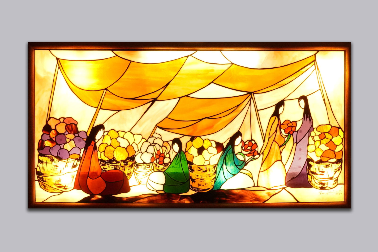 Vintage painted glass window LA church: Vintage painted glass window, from a major LA church. Bottom signed and dated. H: 26" x W: 44.5."
