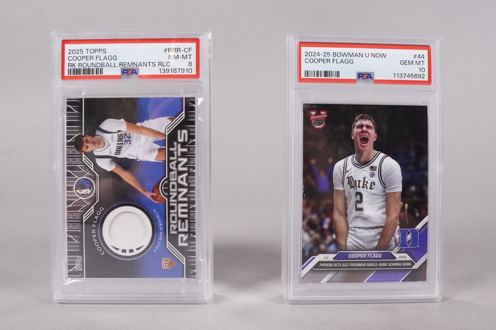2 Cooper Flagg cards PSA: 2 Cooper Flagg cards, one is relic card, both PSA graded.