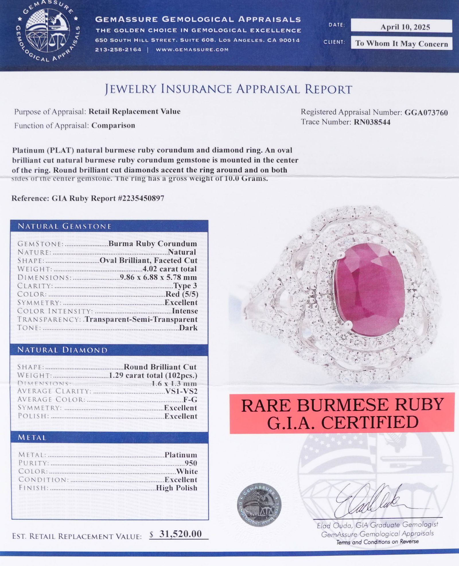 Platinum Burma Ruby diamond ring US 6.75 - 8