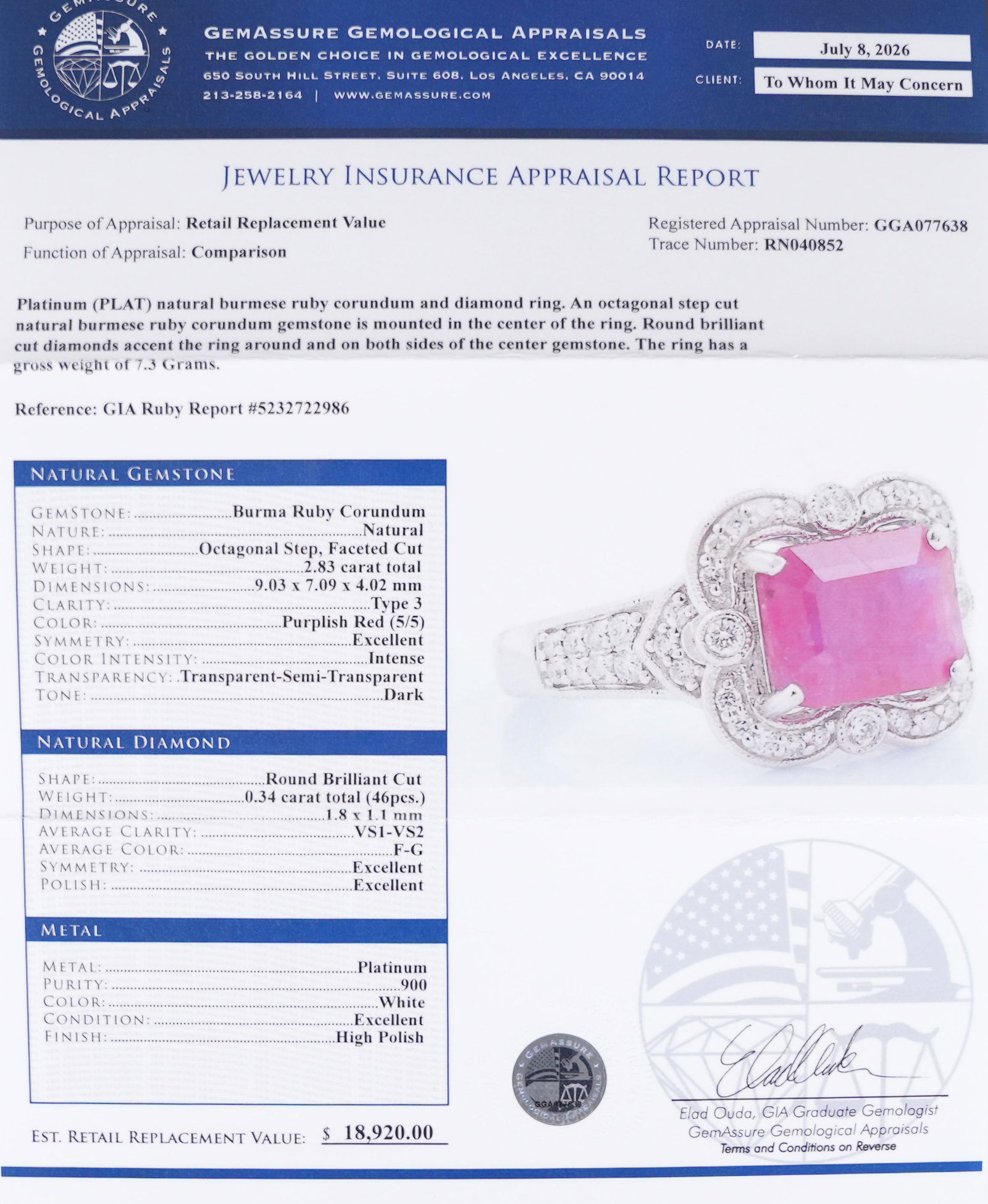 Platinum natural Burmese ruby diamond ring GIA - 8