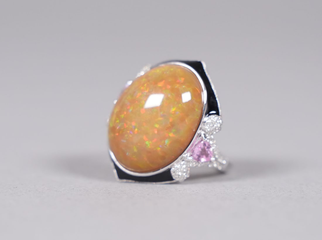 Platinum natural opal diamond ring - 5