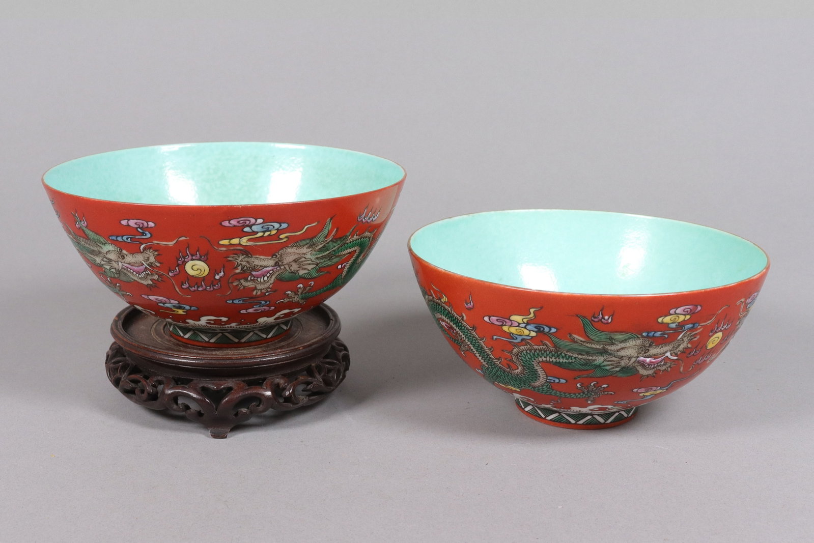 2 Chinese fine coral bowls: 2 Chinese fine coral bowls. H: 3" x W: 6.5."
