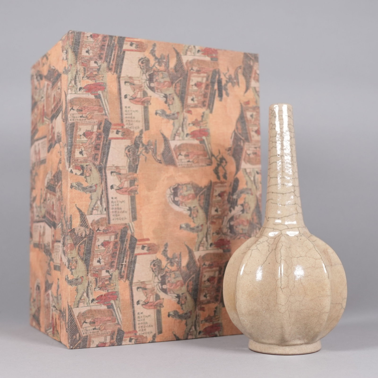 Chinese fine crackled vase with box: Chinese fine crackled vase with heavy silk box. H: 10.4" x W: 5.1."