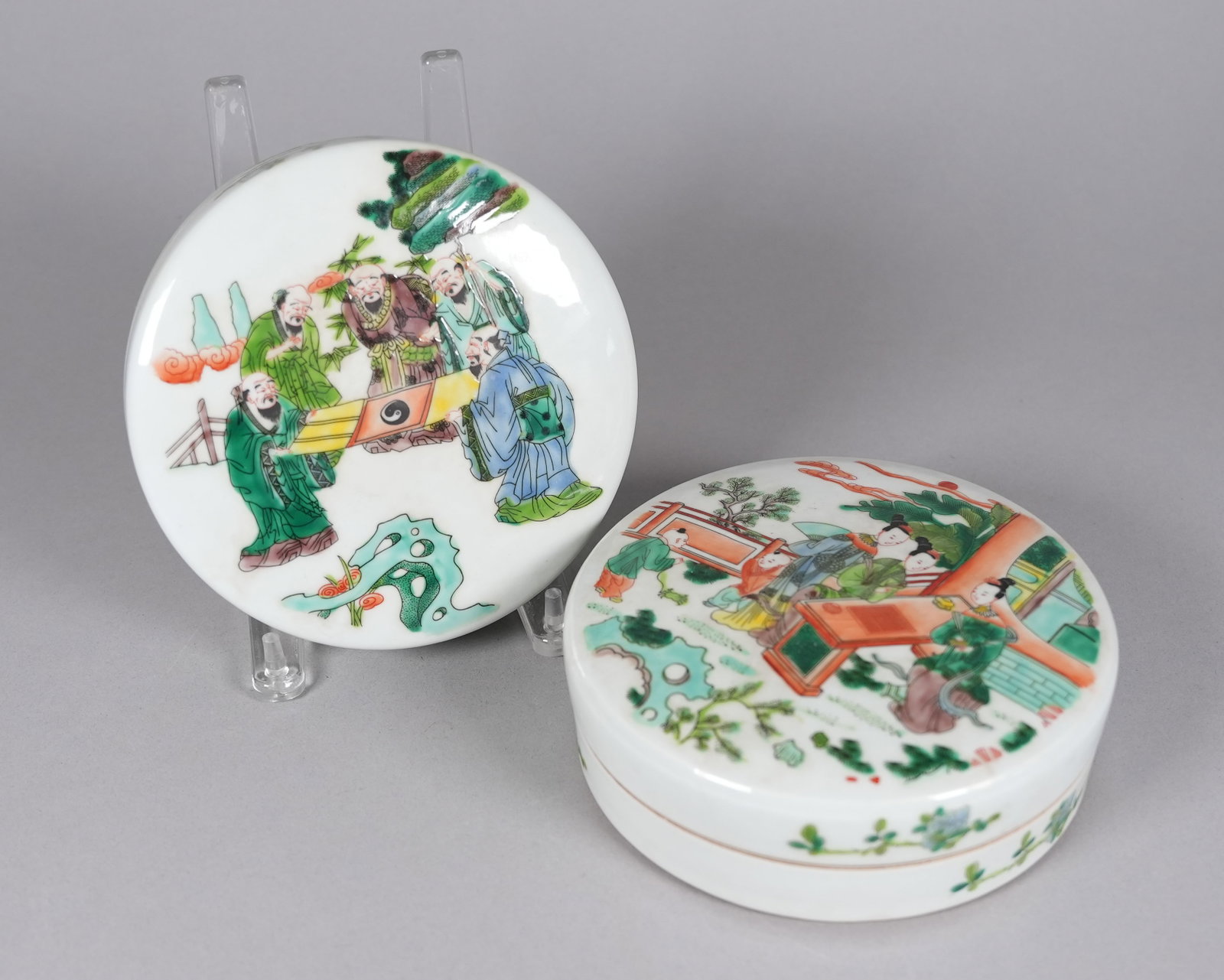 2 Chinese lidded box: 2 Chinese lidde box, largest H: 2.45" x W: 7."