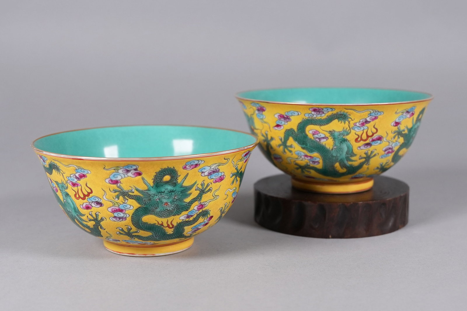 2 Chinese fine yellow bowls: 2 Chinese fine yellow bowls. Largest H: 3" x W: 6.5."